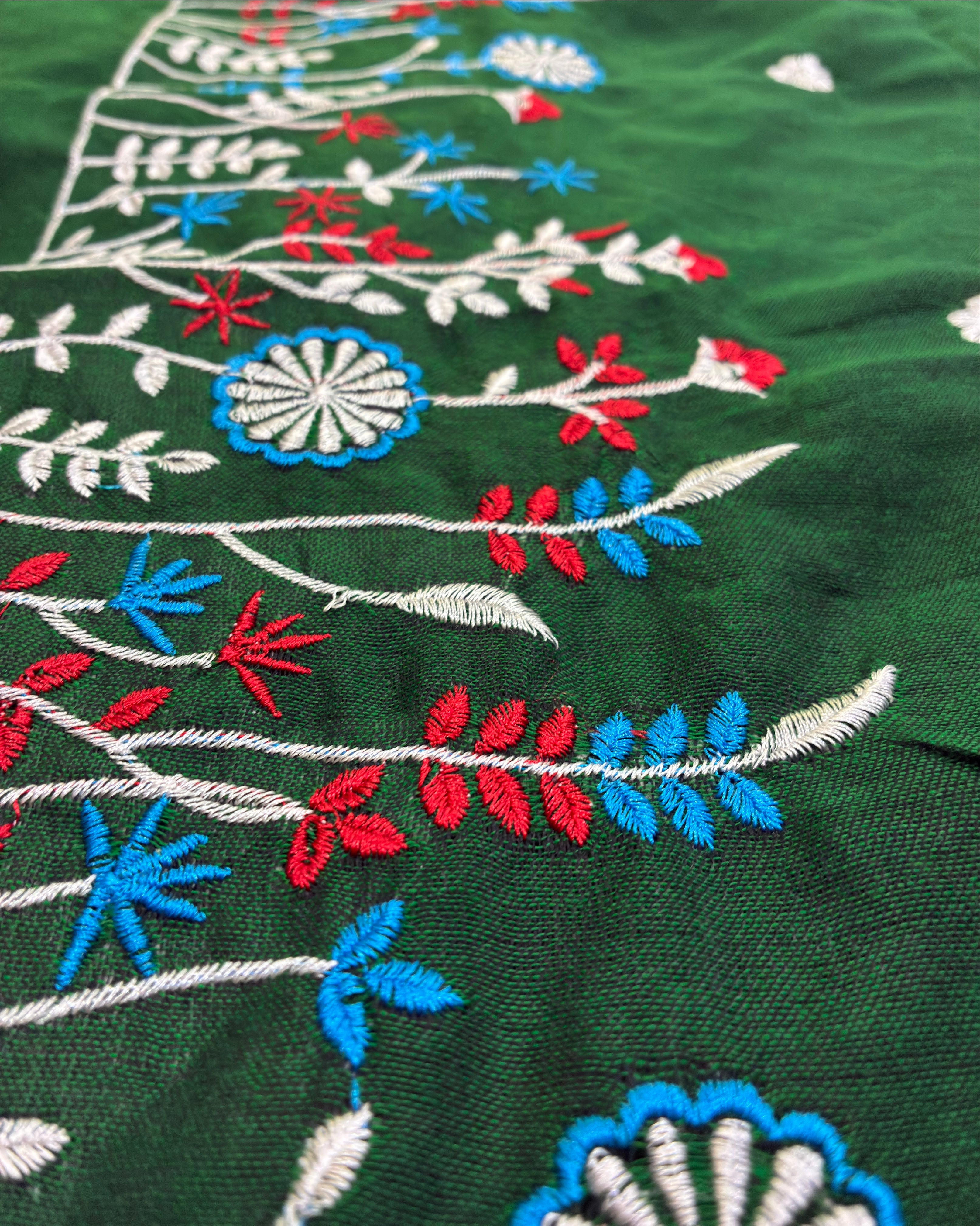 Bottle Green Khadi Saree with Floral Embroidery