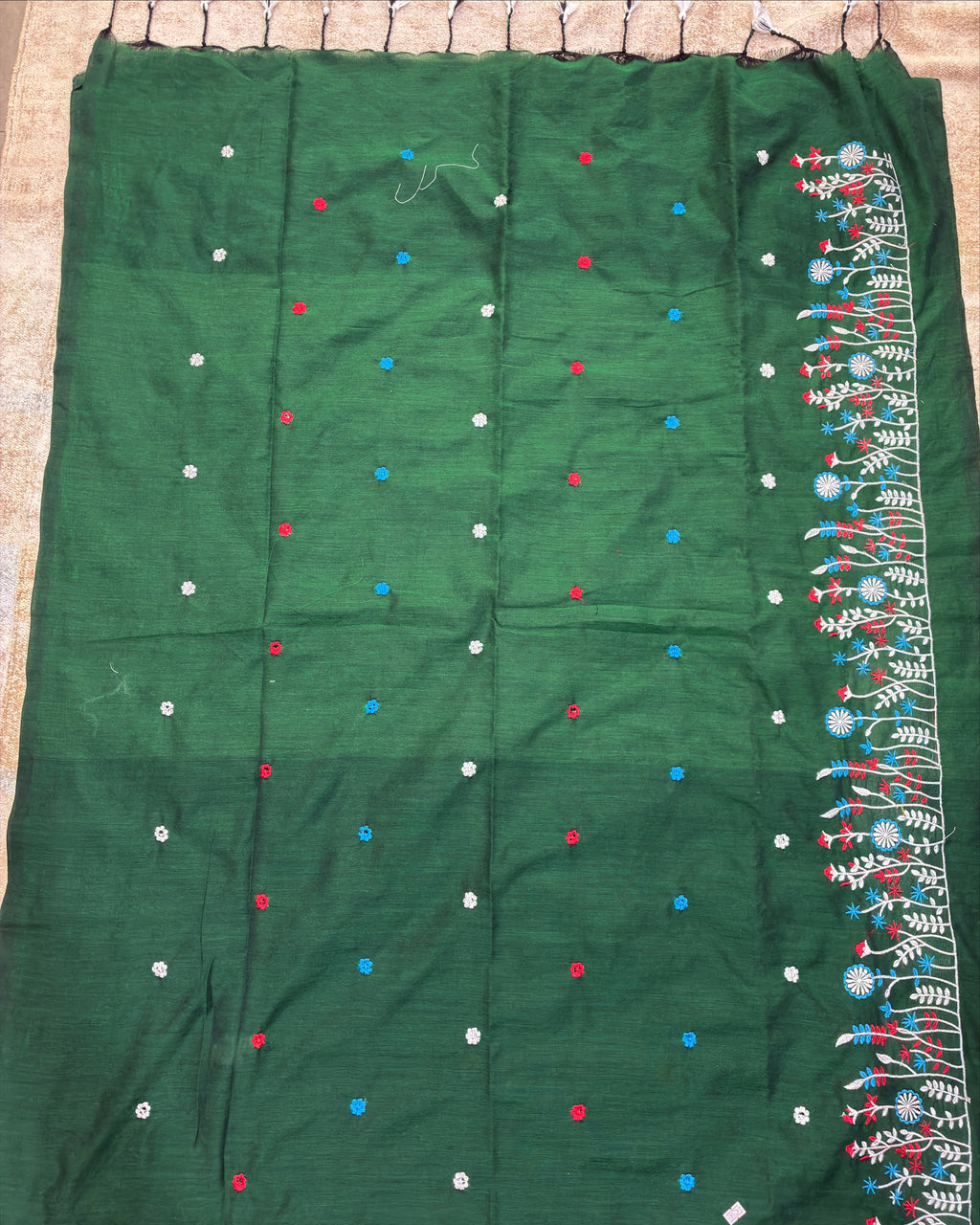 Bottle Green Khadi Saree with Floral Embroidery