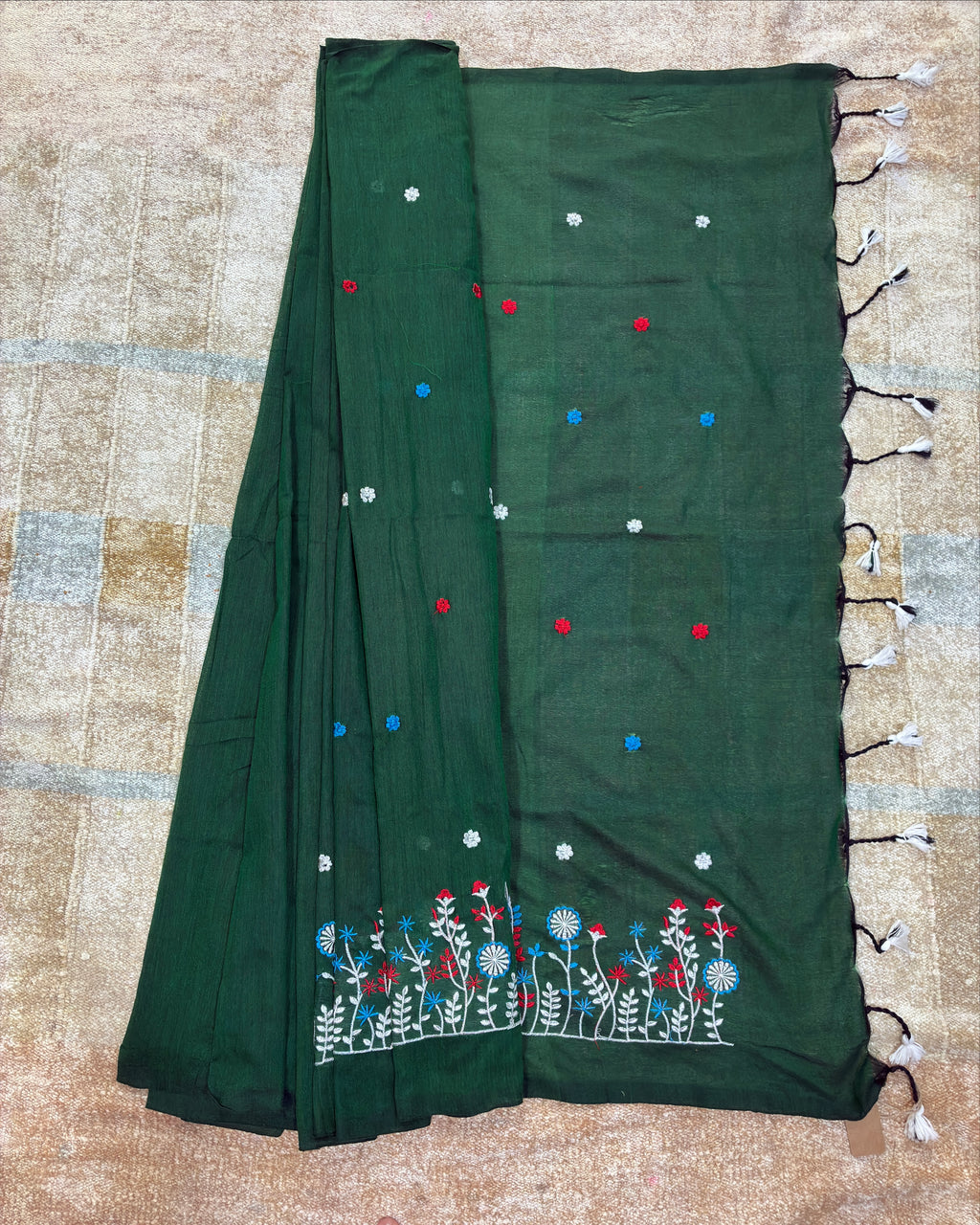 Bottle Green Khadi Saree with Floral Embroidery