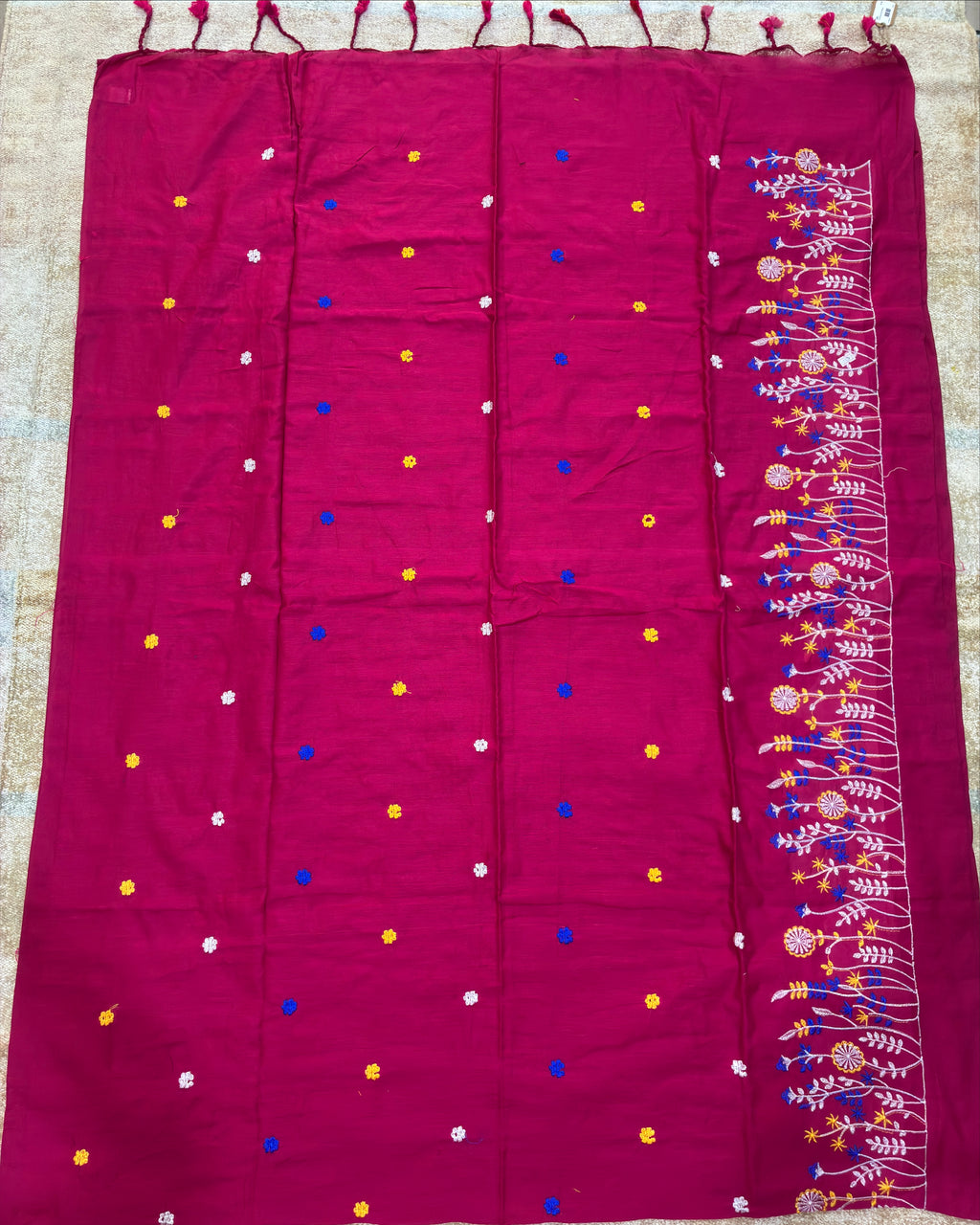 Rani Khadi Saree with Floral Embroidery