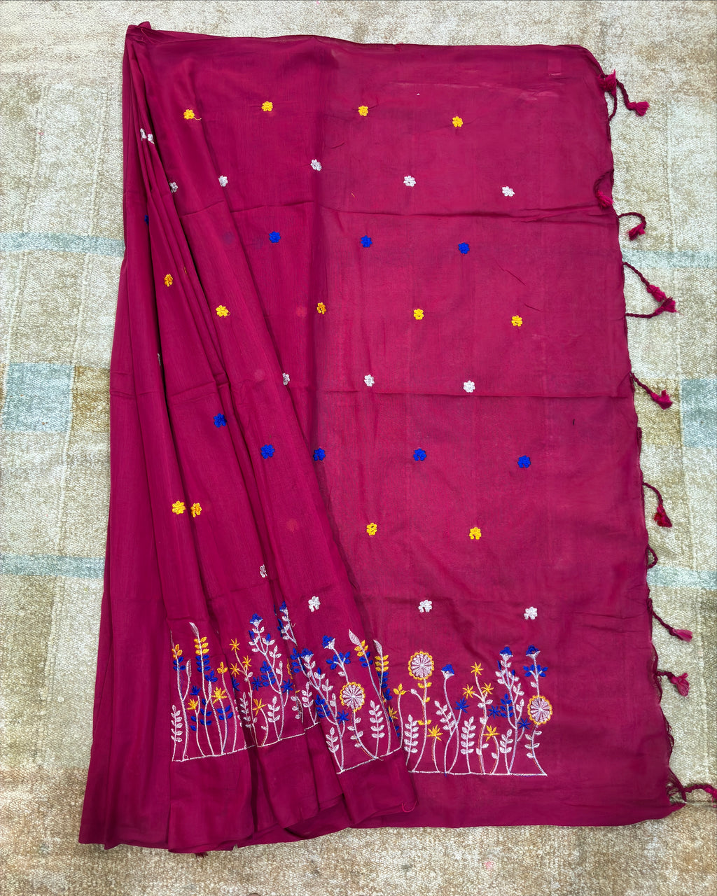 Rani Khadi Saree with Floral Embroidery