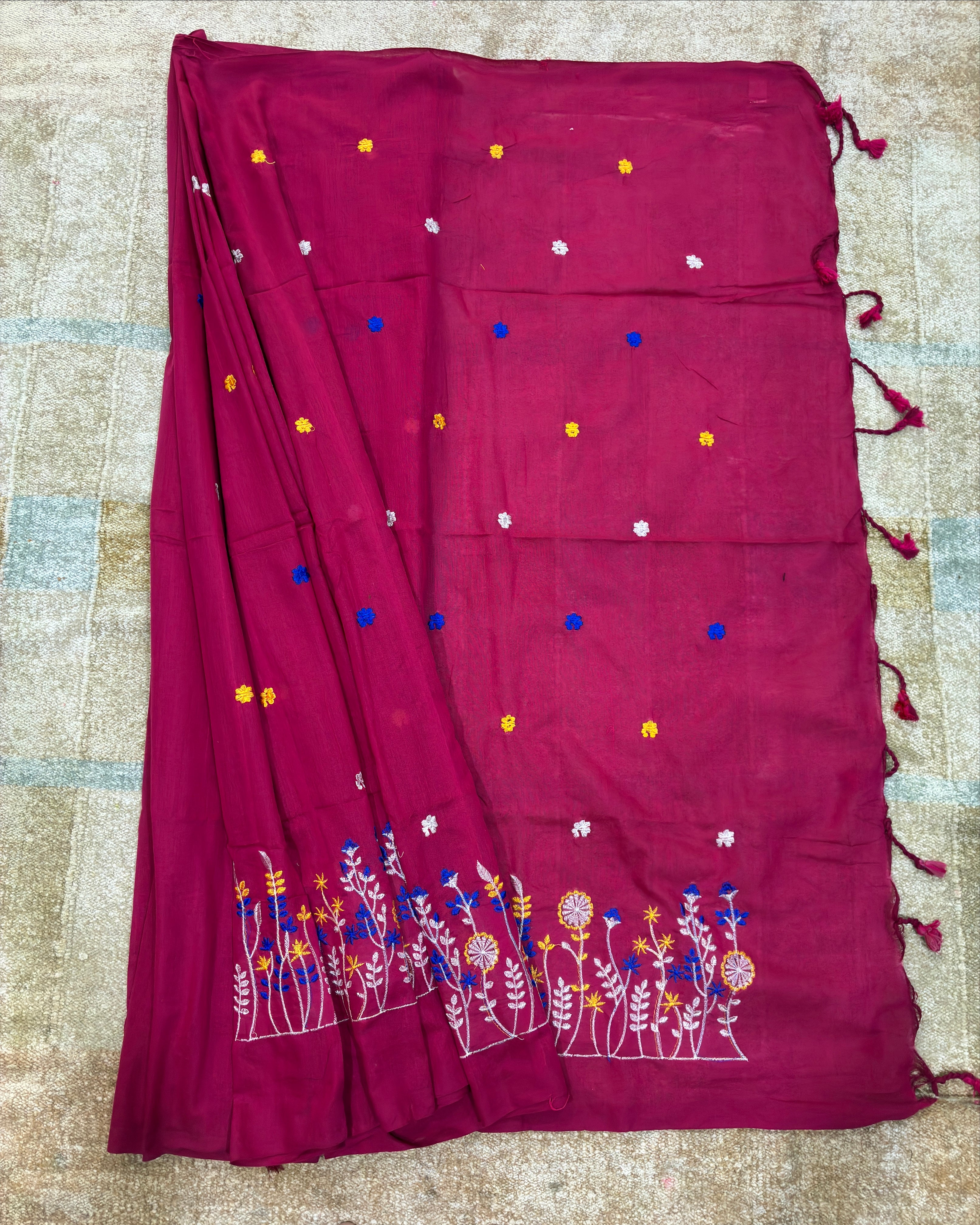 Rani Khadi Saree with Floral Embroidery