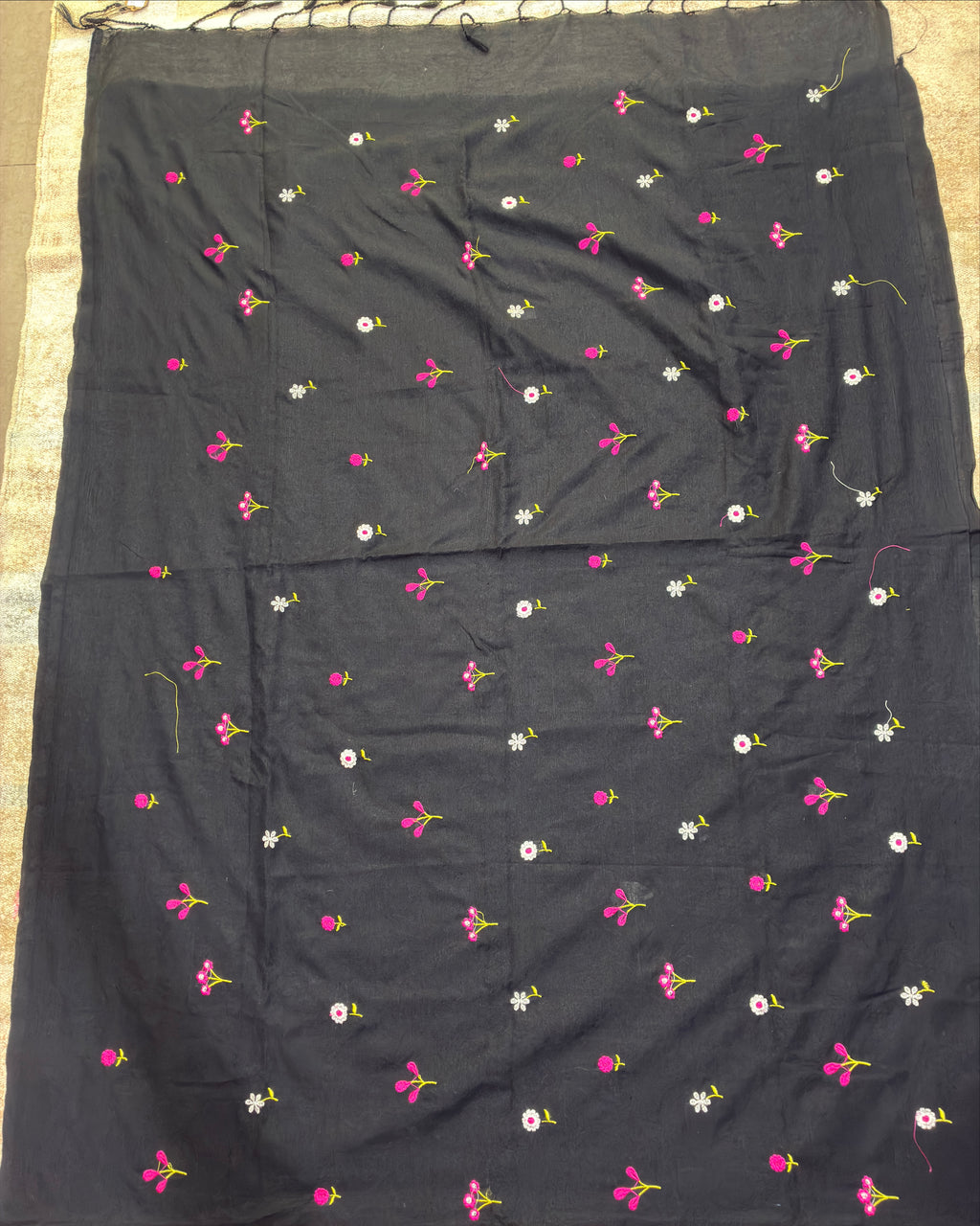 Black Khadi Saree with Floral Embroidery