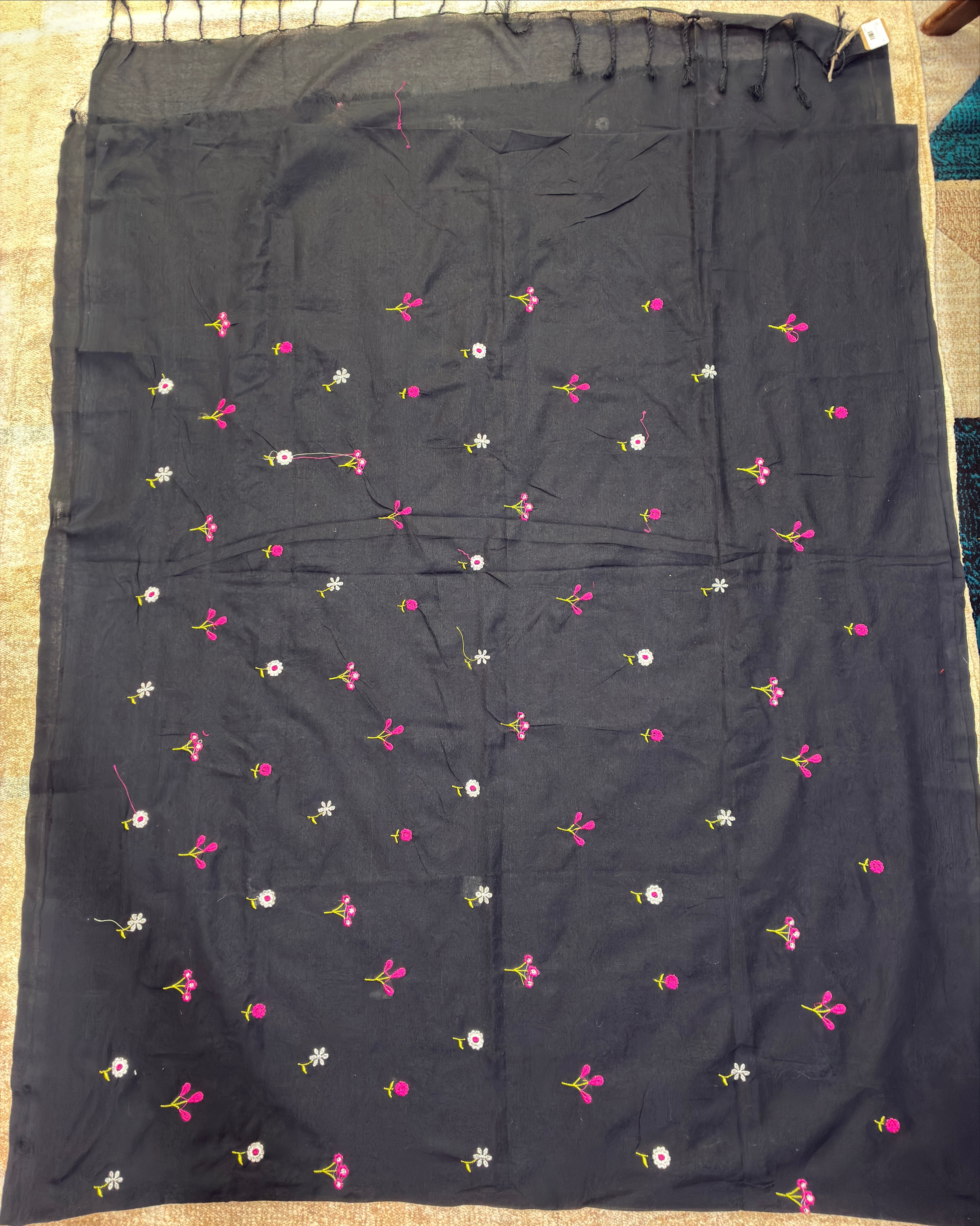 Black Khadi Saree with Floral Embroidery