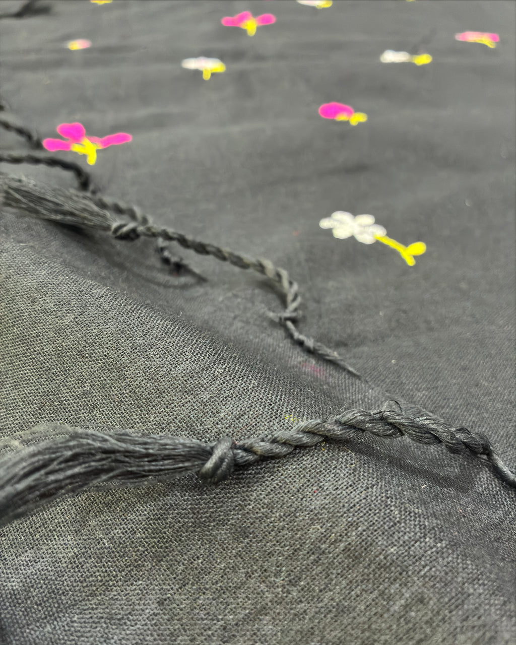 Black Khadi Saree with Floral Embroidery