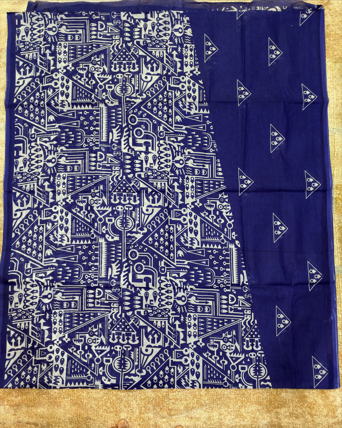 Indigo Cotton Saree with White Prints