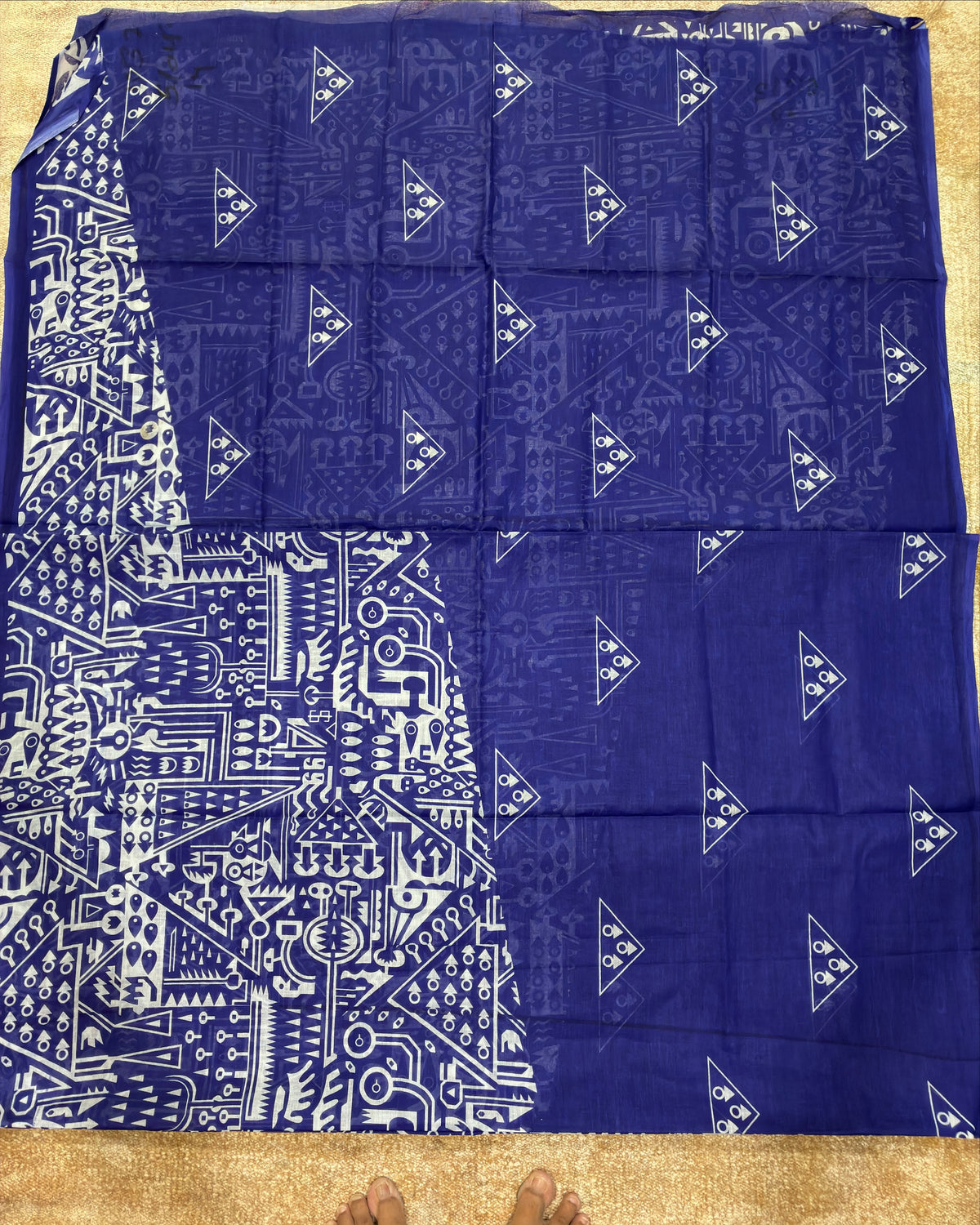 Indigo Cotton Saree with White Prints