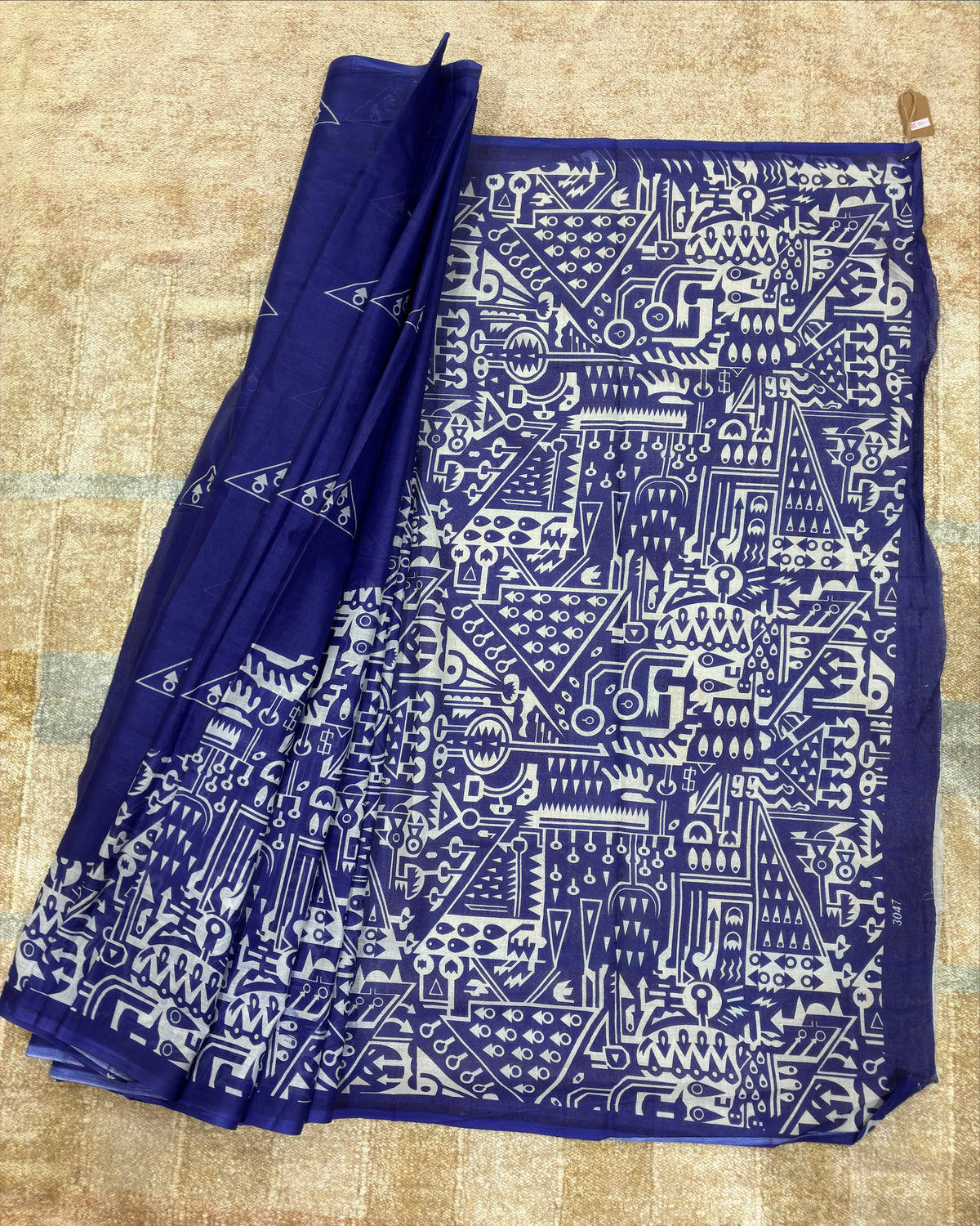 Indigo Cotton Saree with White Prints