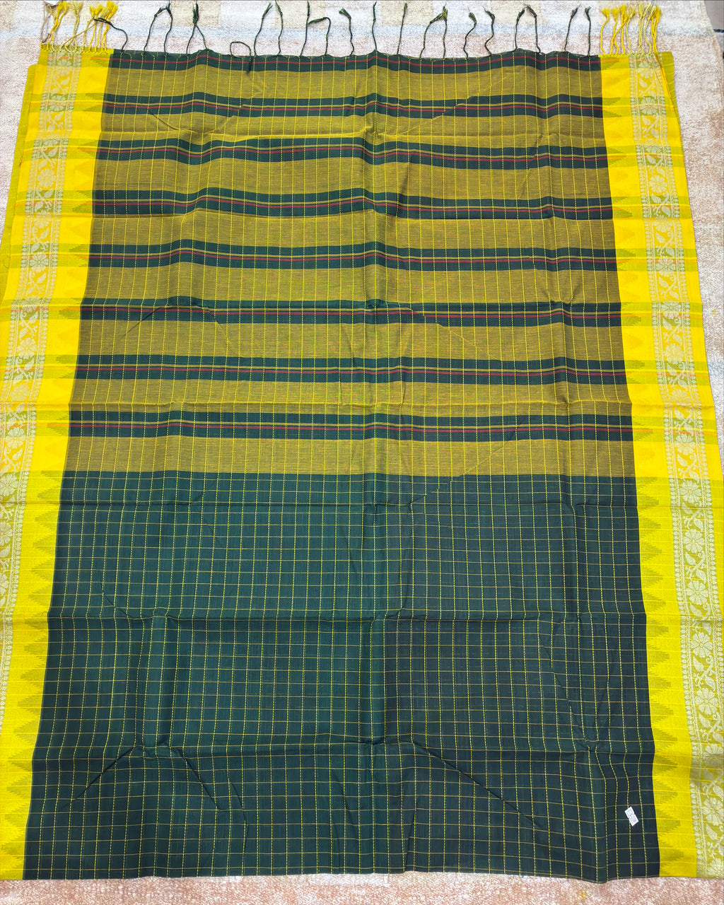 Dark Green Gadwal Cotton Saree with Yellow Border