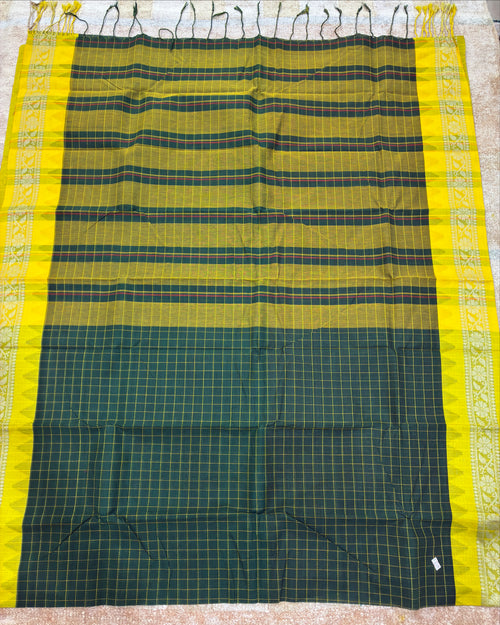 Dark Green Gadwal Cotton Saree with Yellow Border