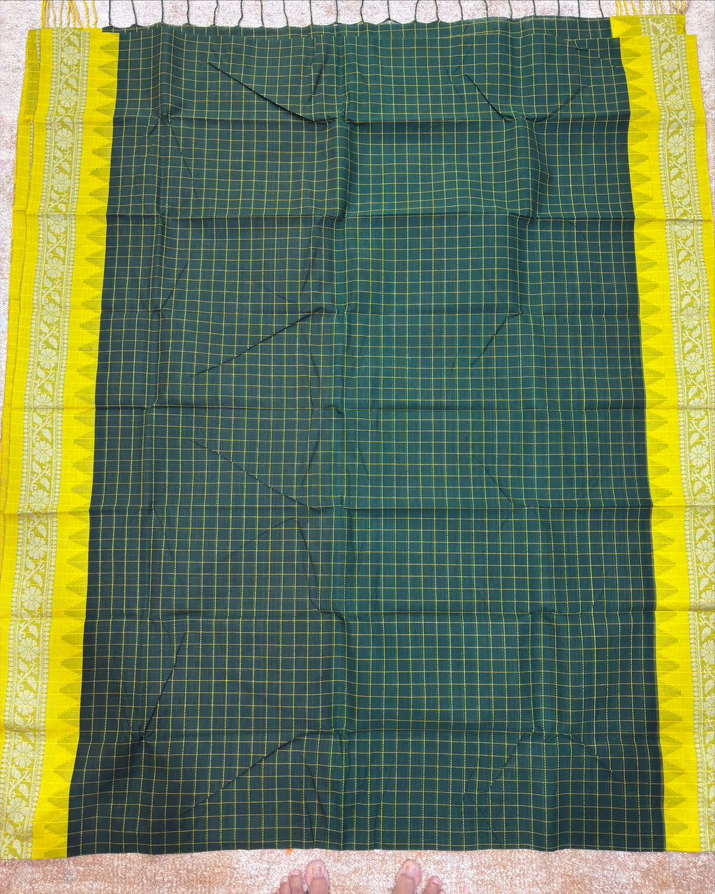 Dark Green Gadwal Cotton Saree with Yellow Border