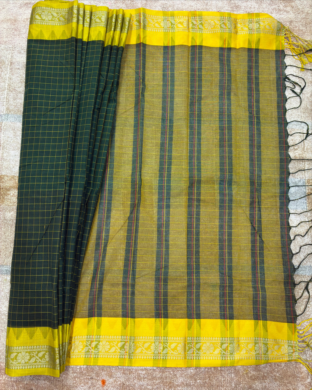Dark Green Gadwal Cotton Saree with Yellow Border
