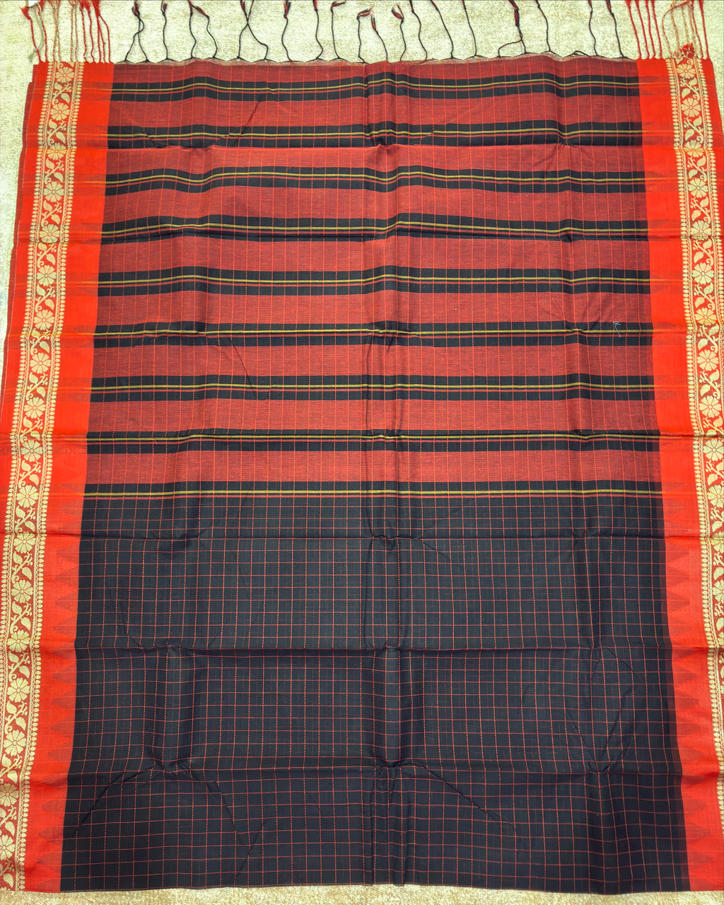 Black Gadwal Cotton Saree with Red Border