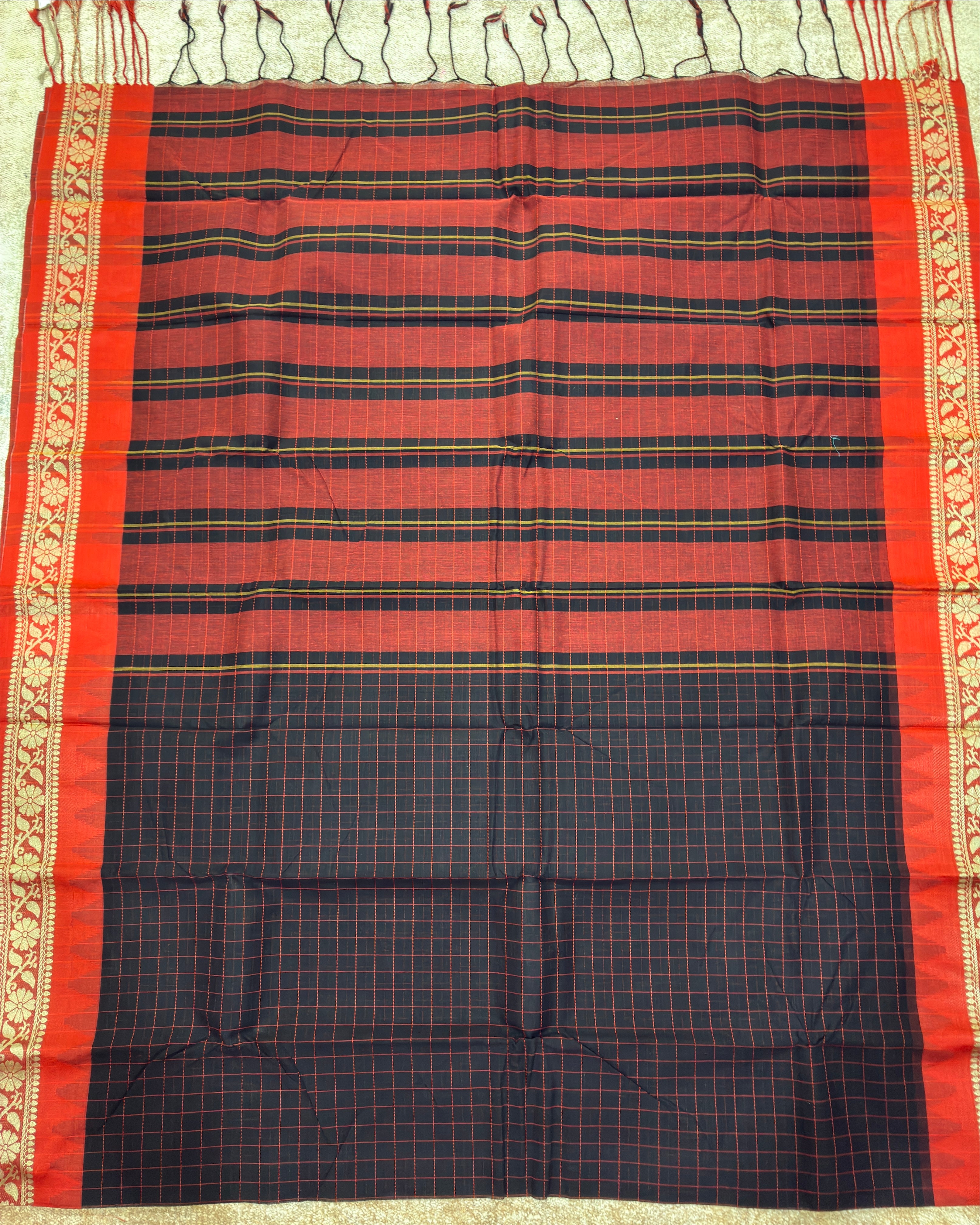 Black Gadwal Cotton Saree with Red Border