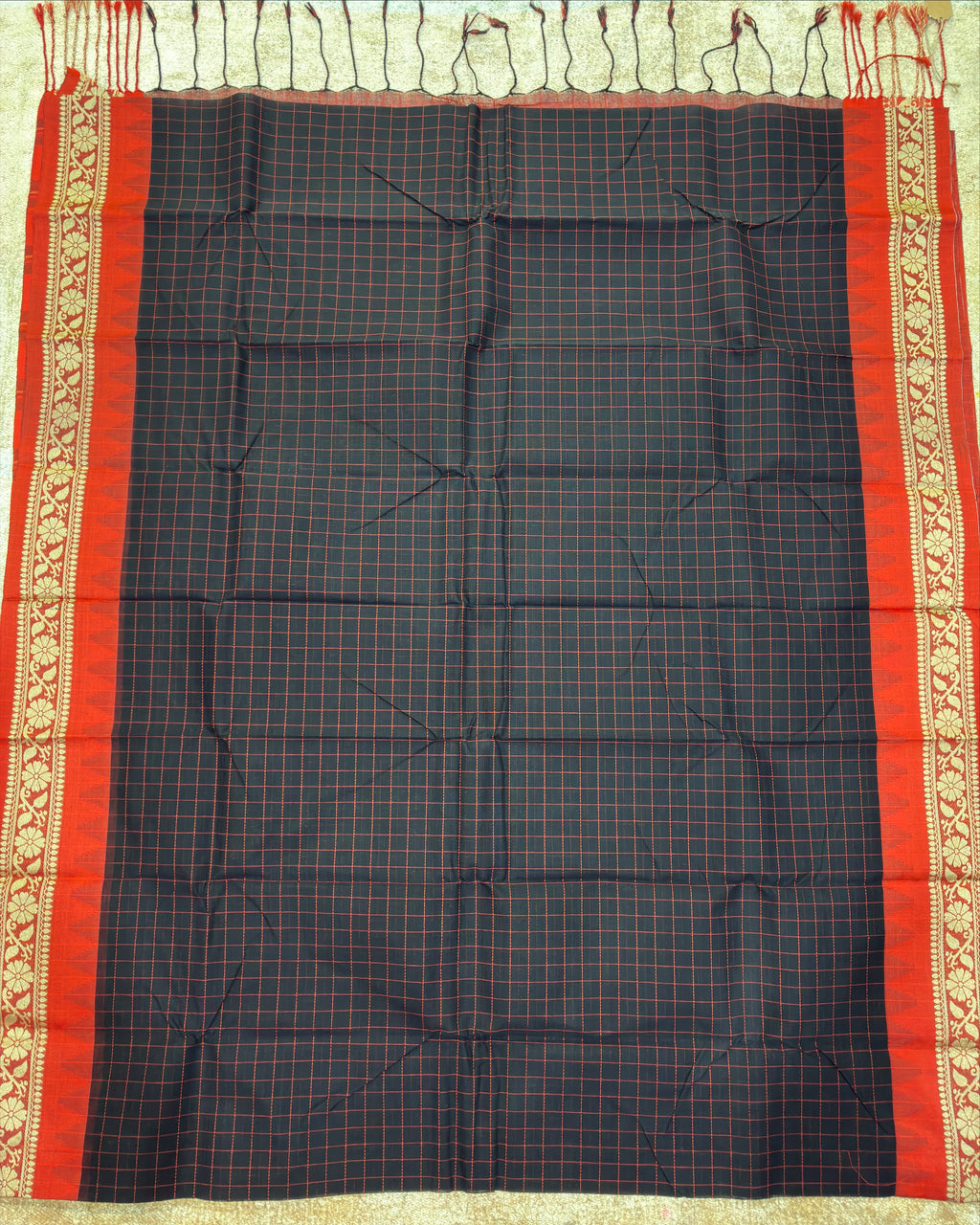 Black Gadwal Cotton Saree with Red Border