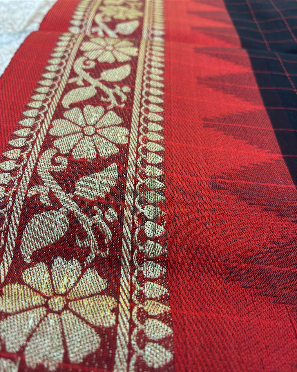 Black Gadwal Cotton Saree with Red Border
