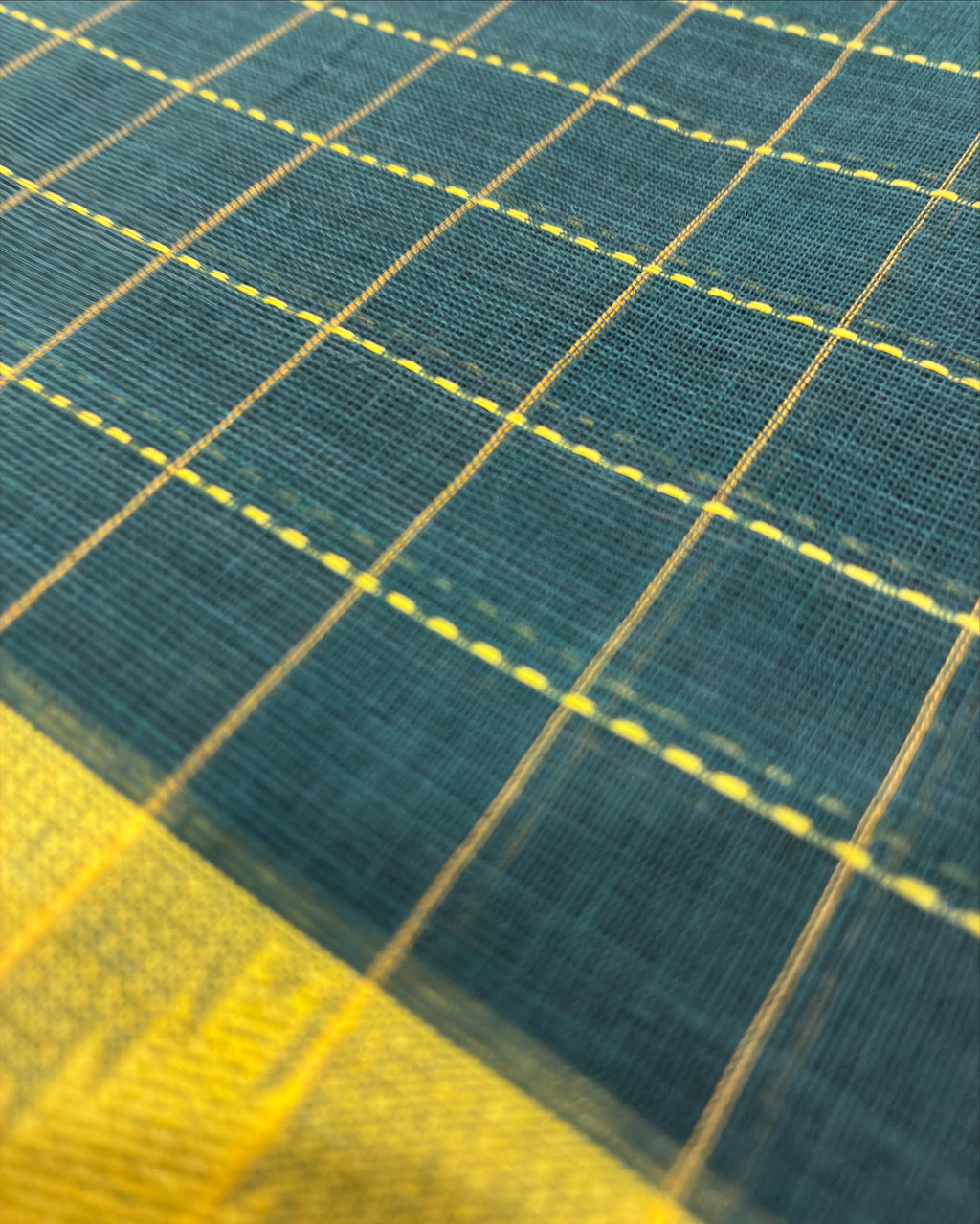 Dark Green Gadwal Cotton Saree with Yellow Border
