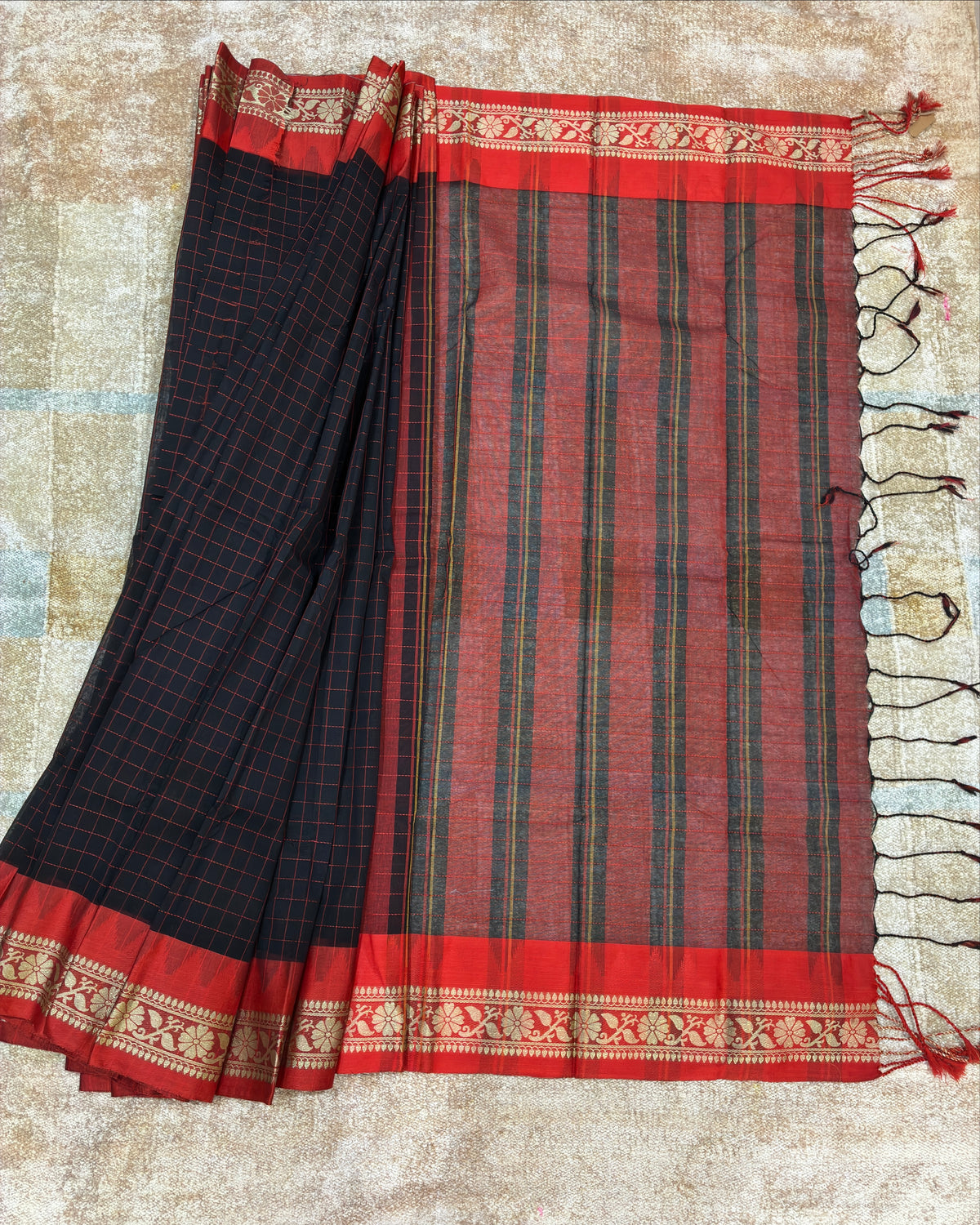 Black Gadwal Cotton Saree with Red Border
