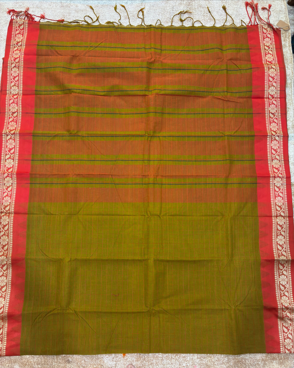 Olive Green Gadwal Cotton Saree with Orange Border