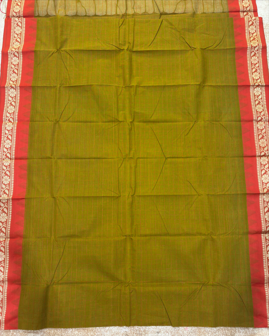 Olive Green Gadwal Cotton Saree with Orange Border