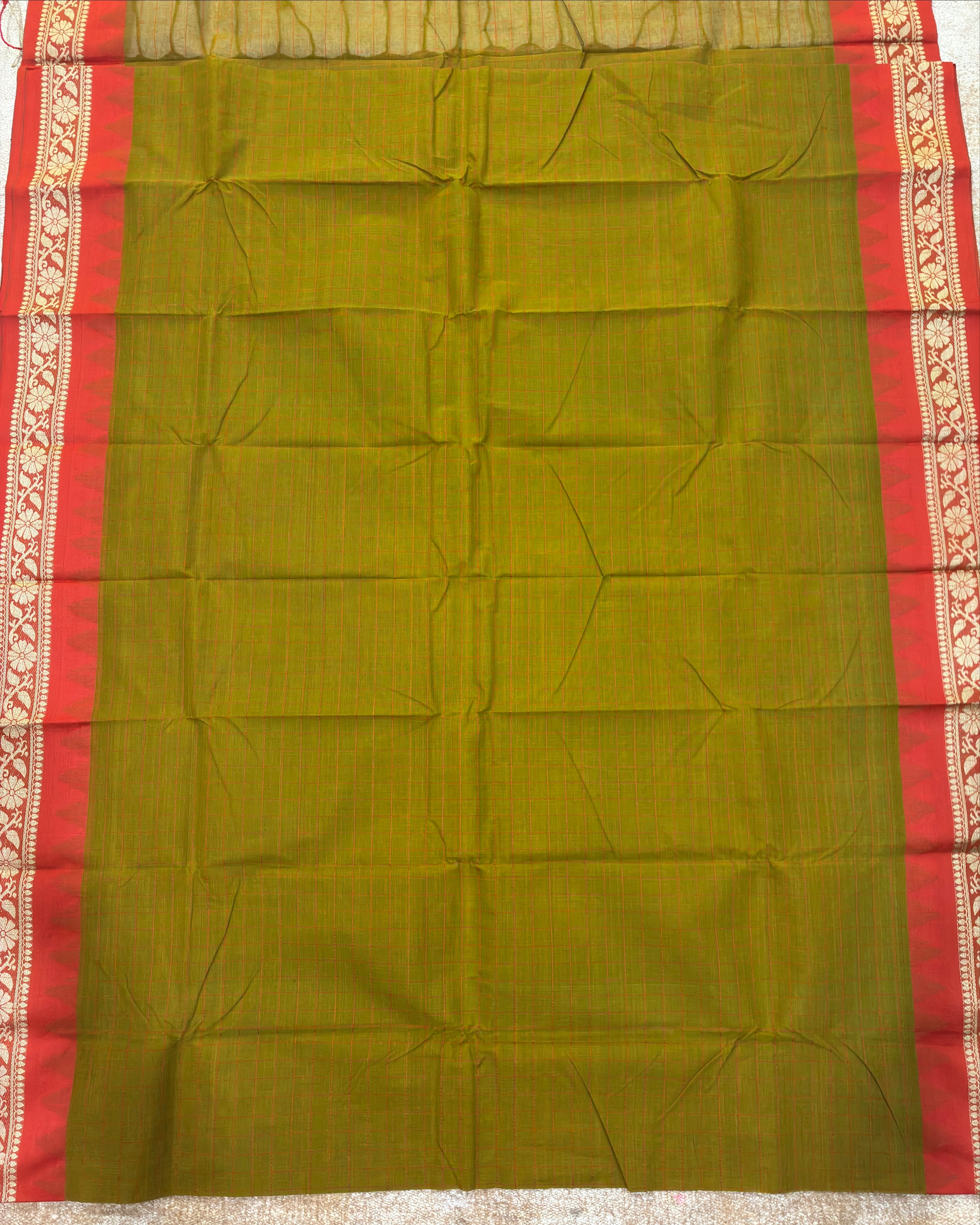 Olive Green Gadwal Cotton Saree with Orange Border