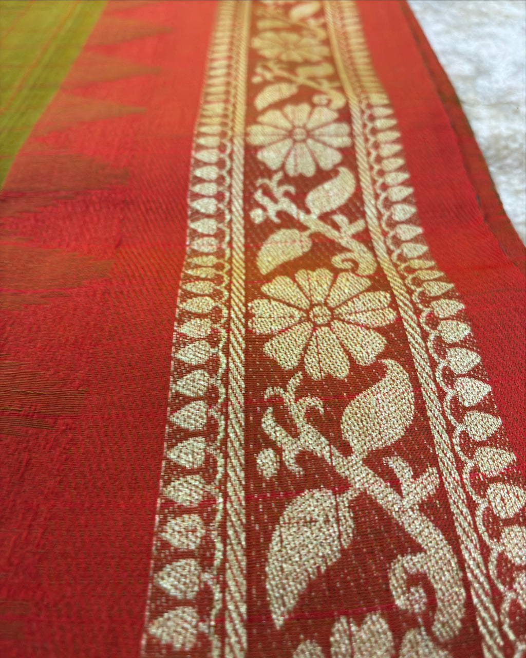 Olive Green Gadwal Cotton Saree with Orange Border