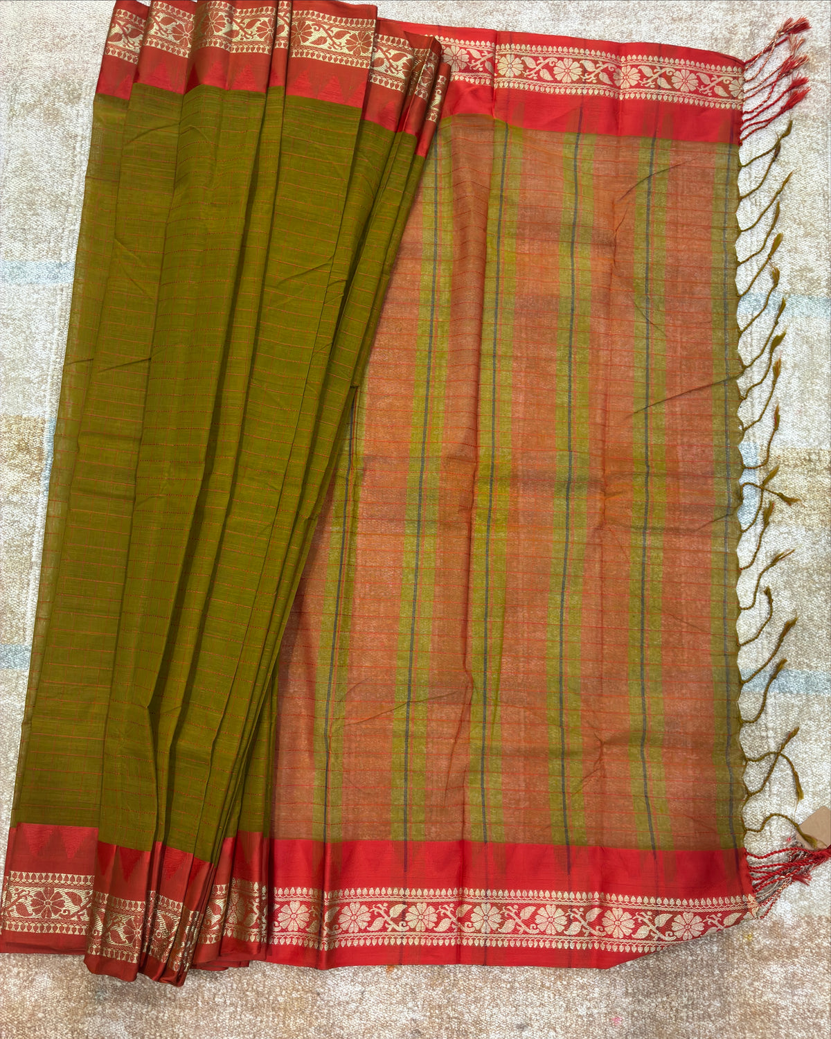 Olive Green Gadwal Cotton Saree with Orange Border
