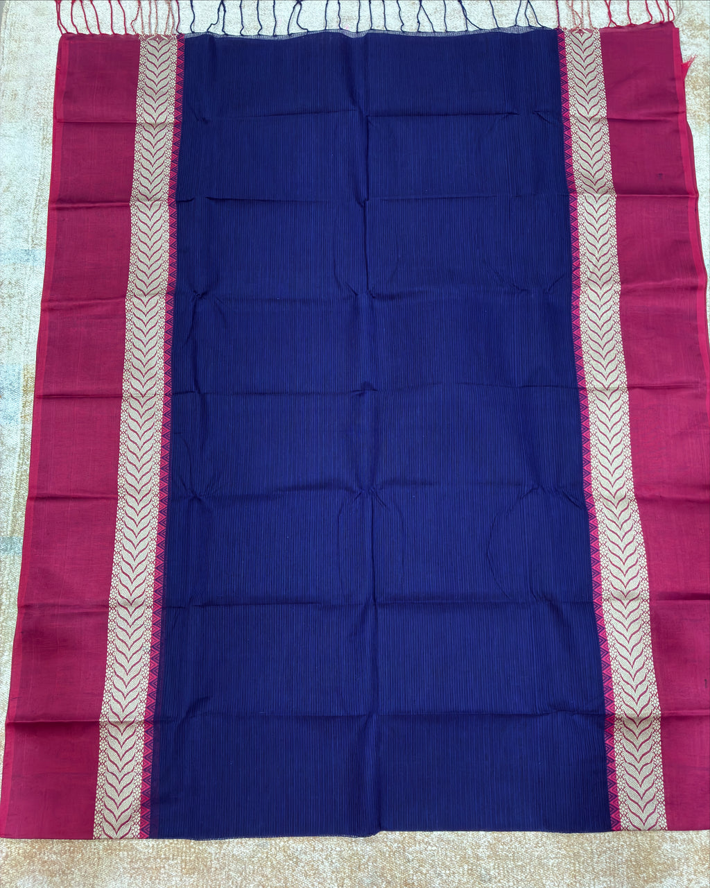 Navy Blue Dhanchora Cotton Saree with Magenta Border