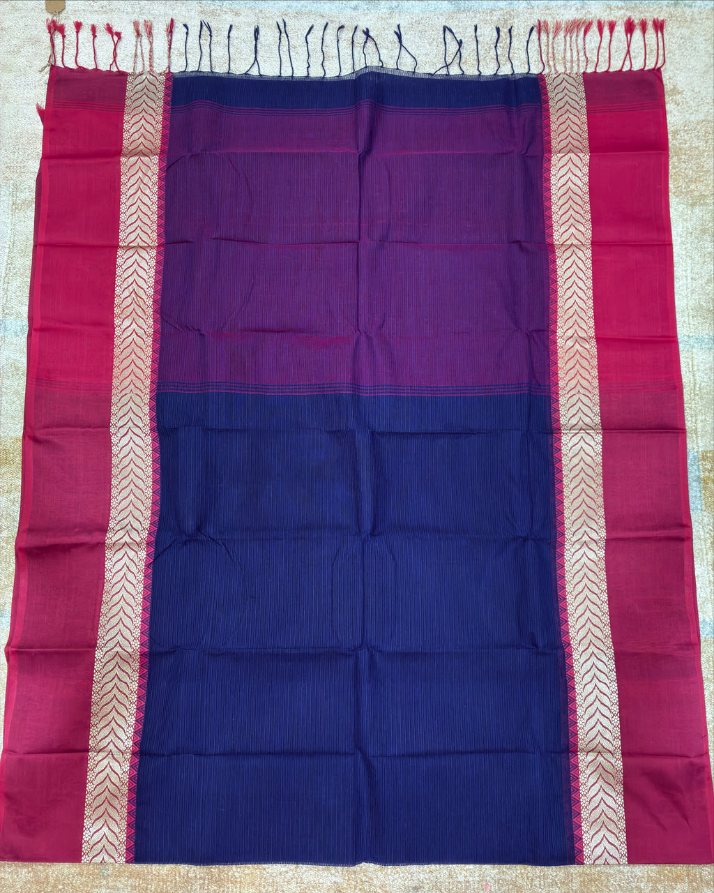 Navy Blue Dhanchora Cotton Saree with Magenta Border