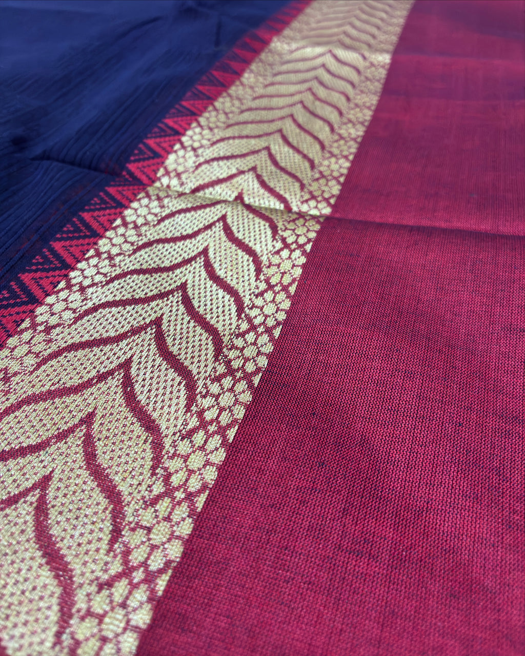 Navy Blue Dhanchora Cotton Saree with Magenta Border