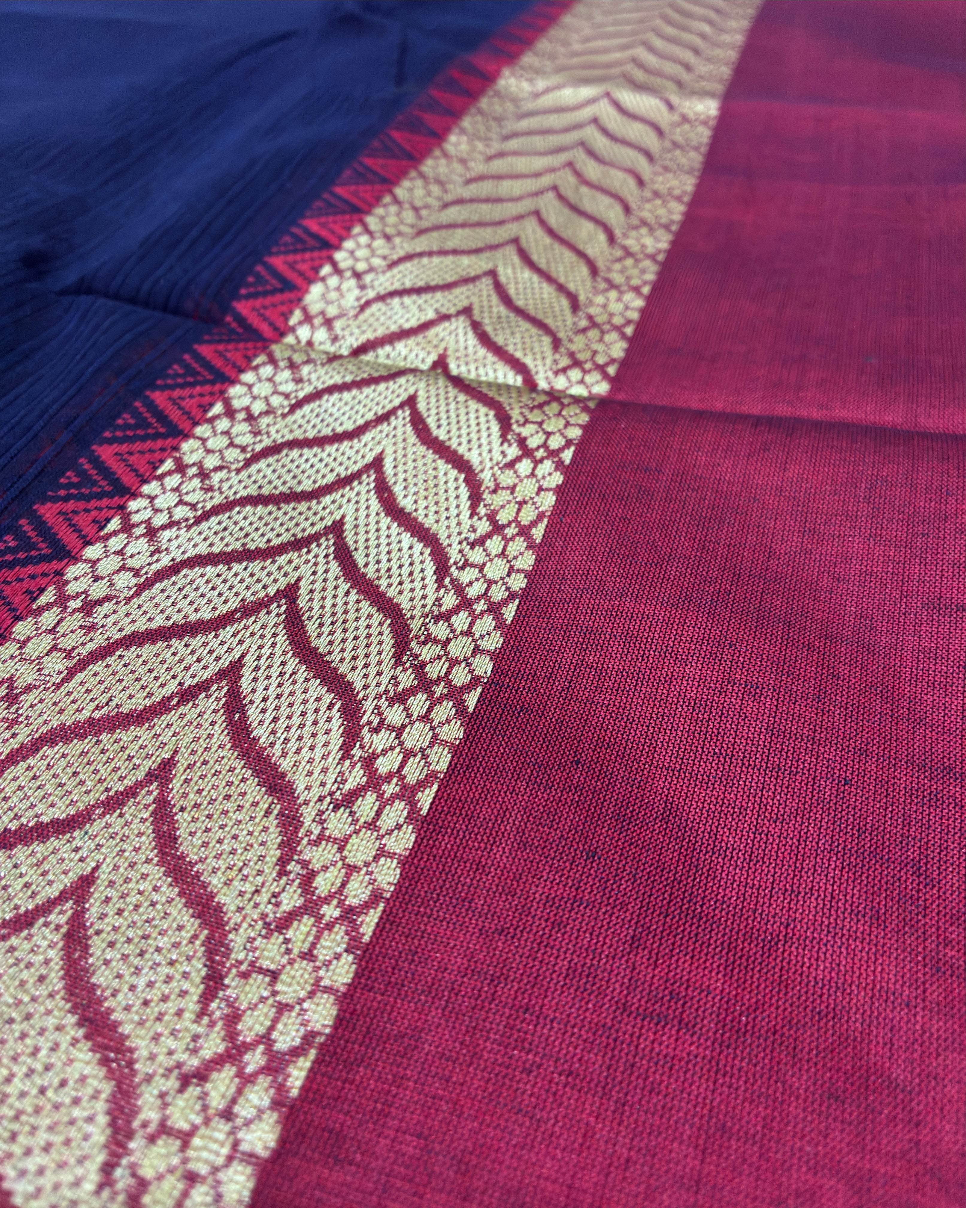 Navy Blue Dhanchora Cotton Saree with Magenta Border