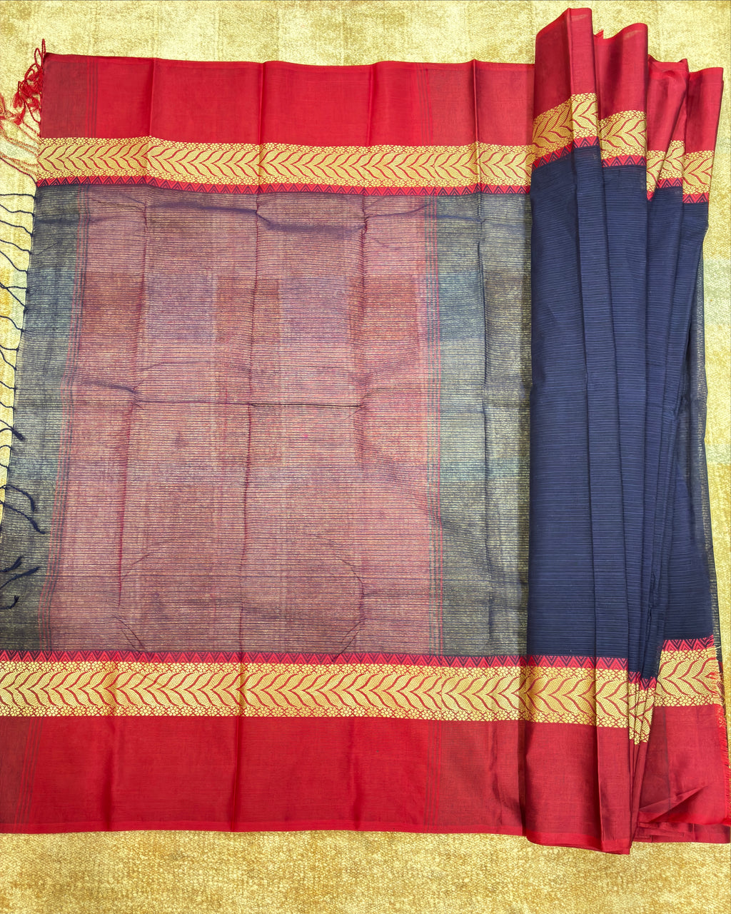 Navy Blue Dhanchora Cotton Saree with Magenta Border