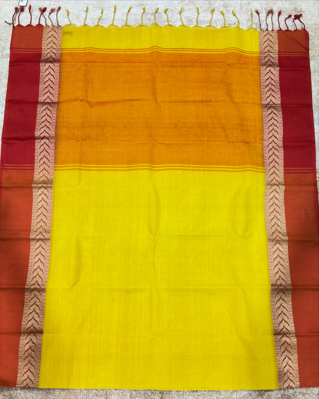 Yellow Handwoven Pure Cotton Saree with Orange Border