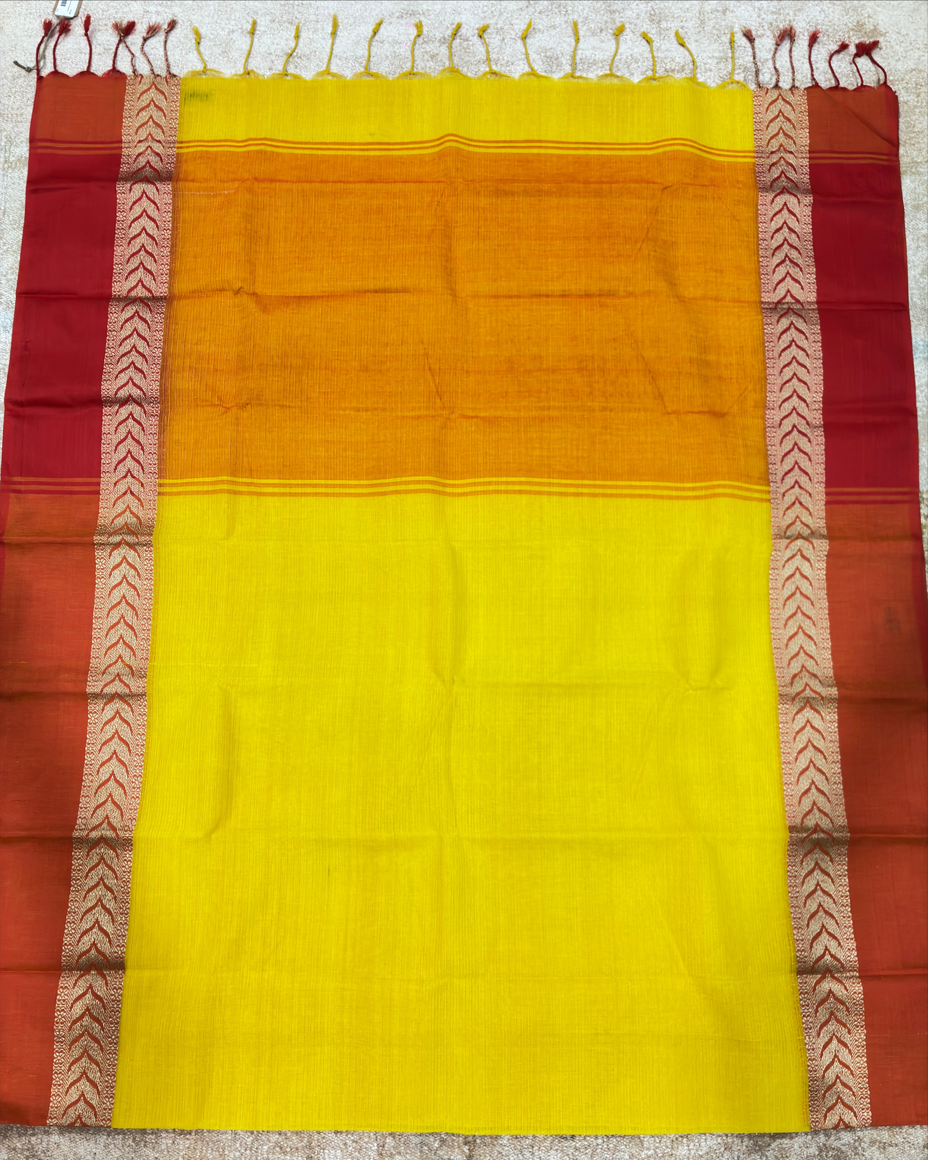 Yellow Dhanchora Cotton Saree with Orange Border