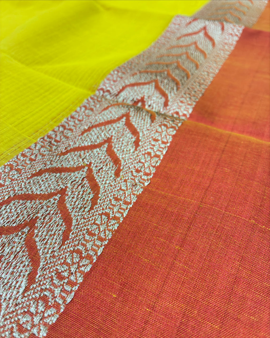 Yellow Handwoven Pure Cotton Saree with Orange Border