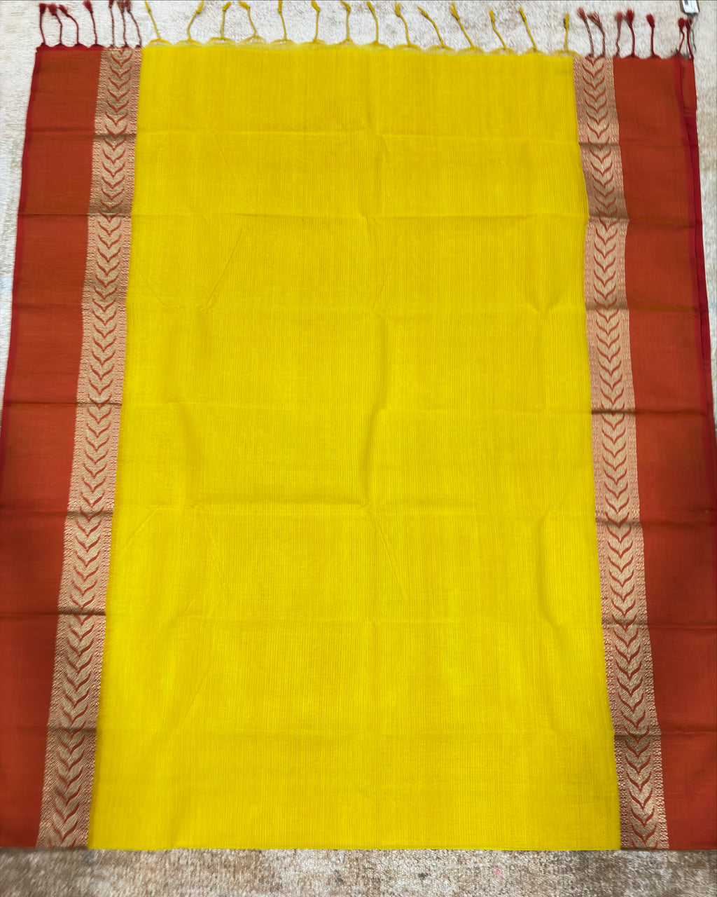 Yellow Handwoven Pure Cotton Saree with Orange Border