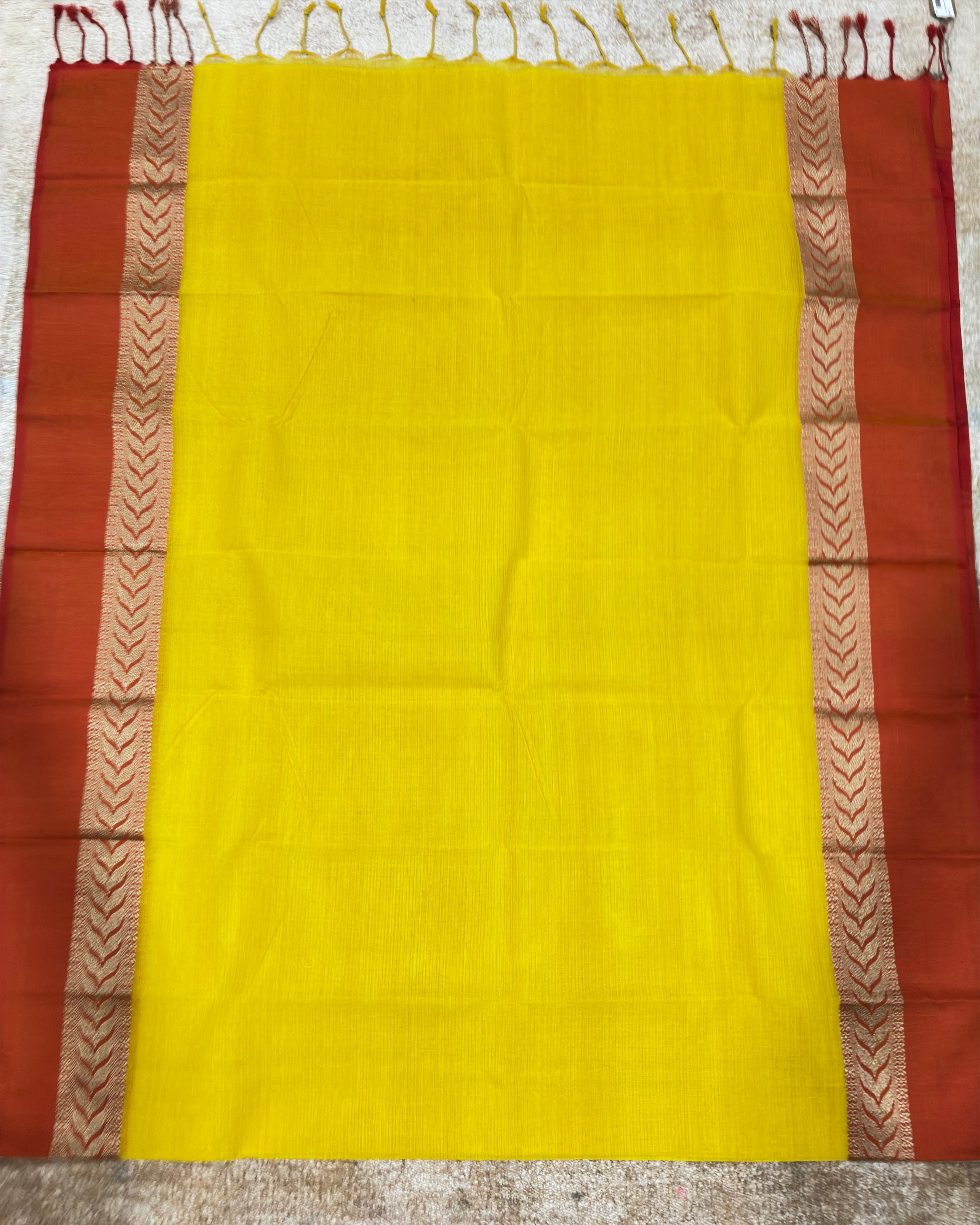 Yellow Dhanchora Cotton Saree with Orange Border