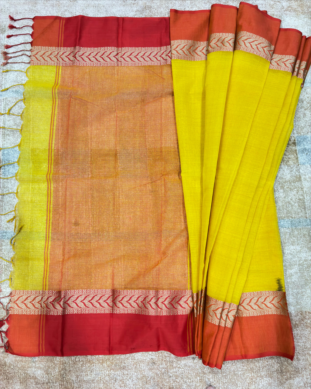 Yellow Handwoven Pure Cotton Saree with Orange Border