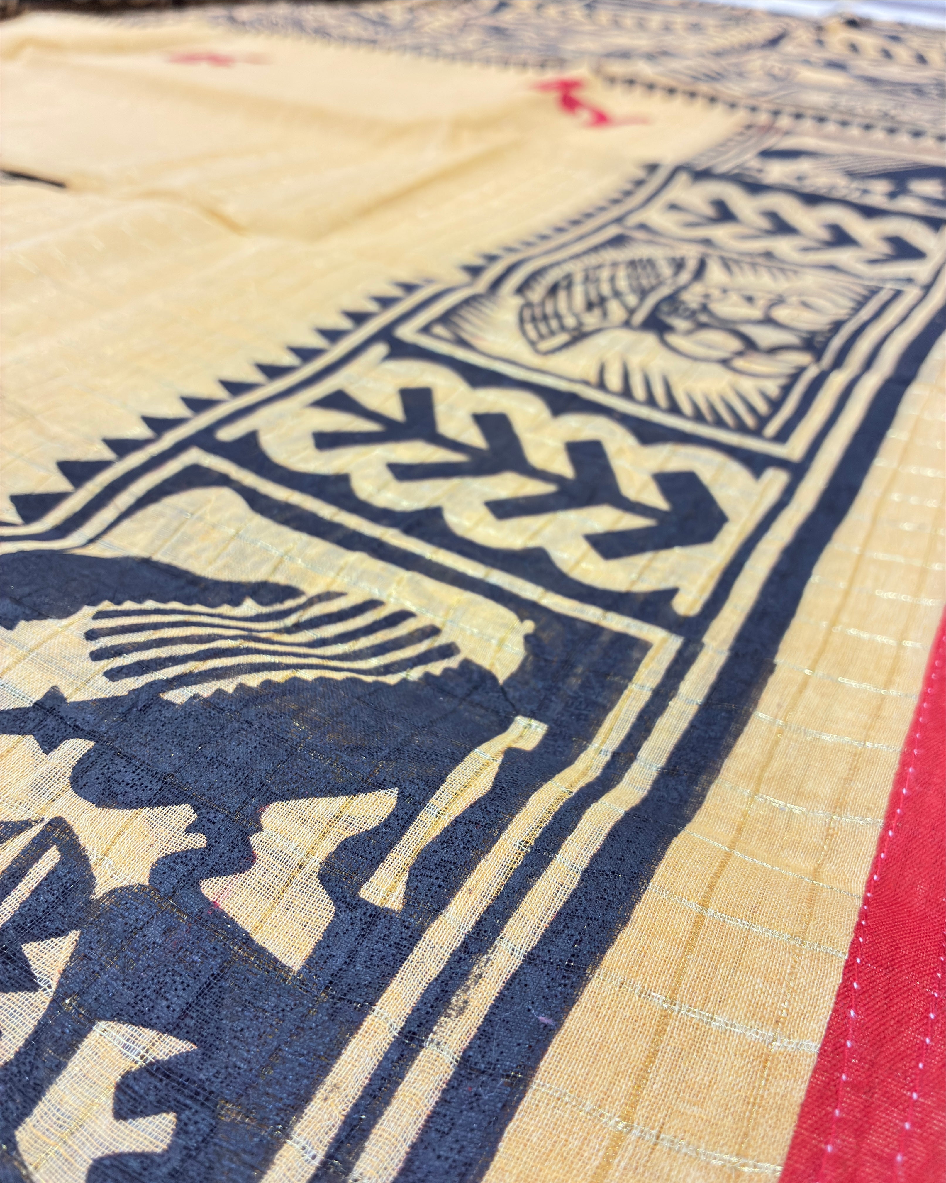 Beige Yellow Madhubani Bengali Saree