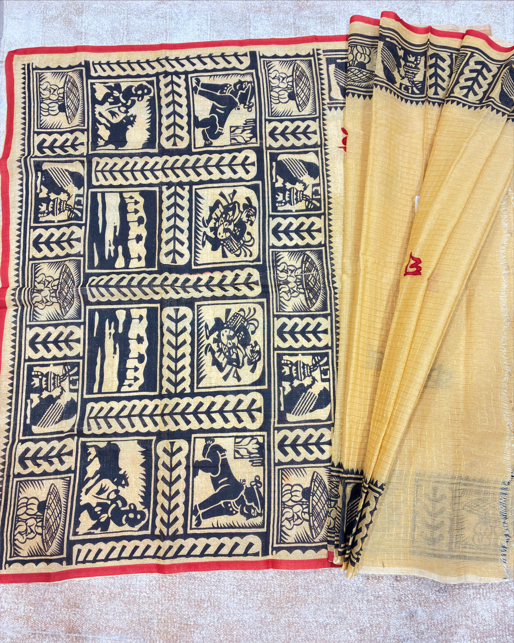 Beige Yellow Madhubani Bengali Saree