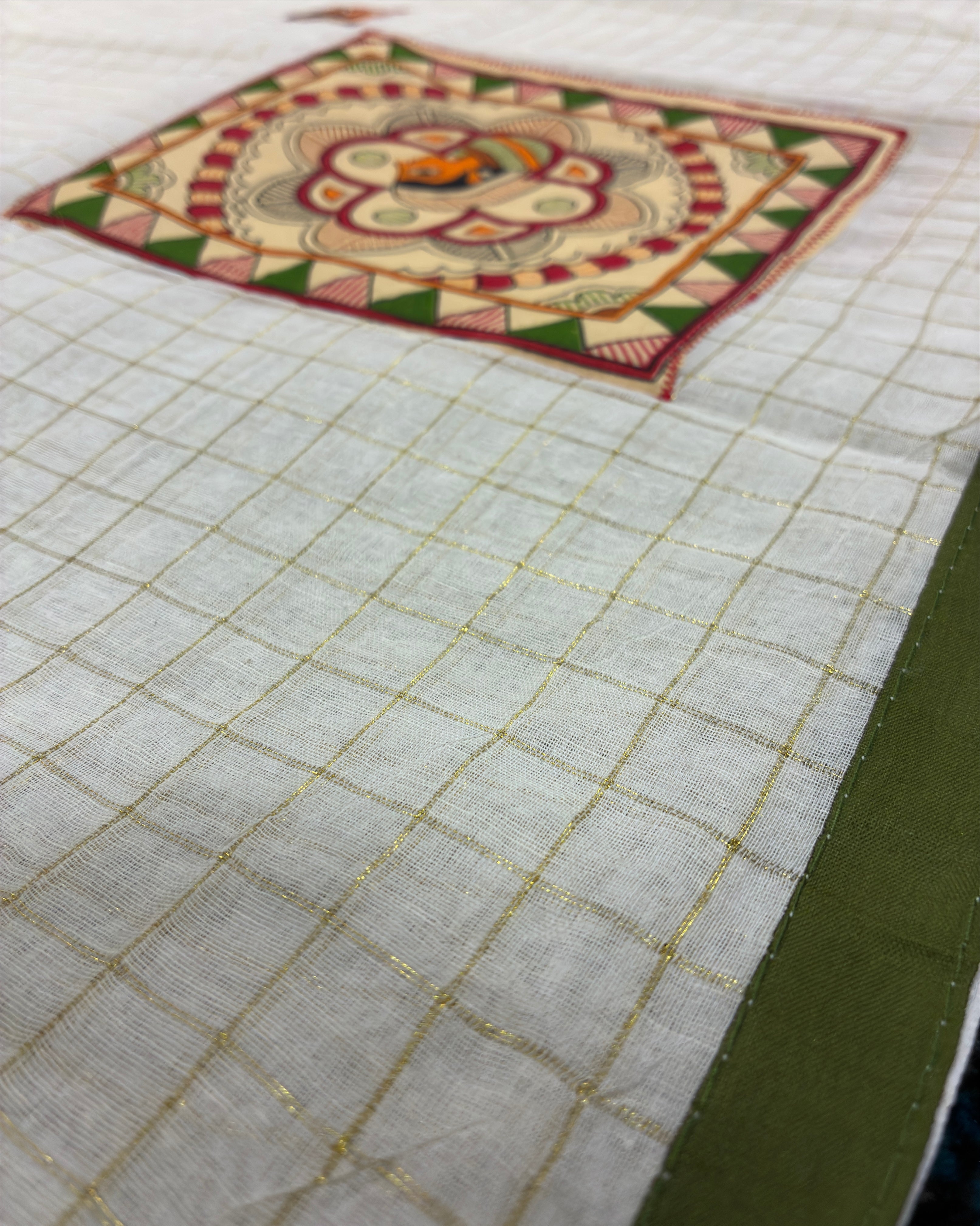 White Handcrafted Madhubani Cut Saree