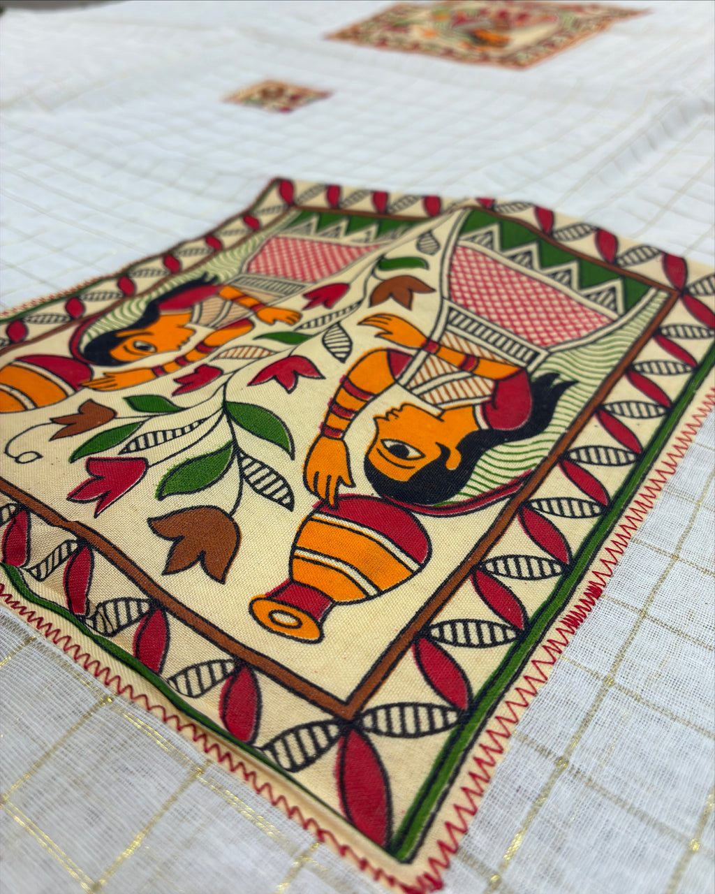 White Handcrafted Madhubani Cut Saree