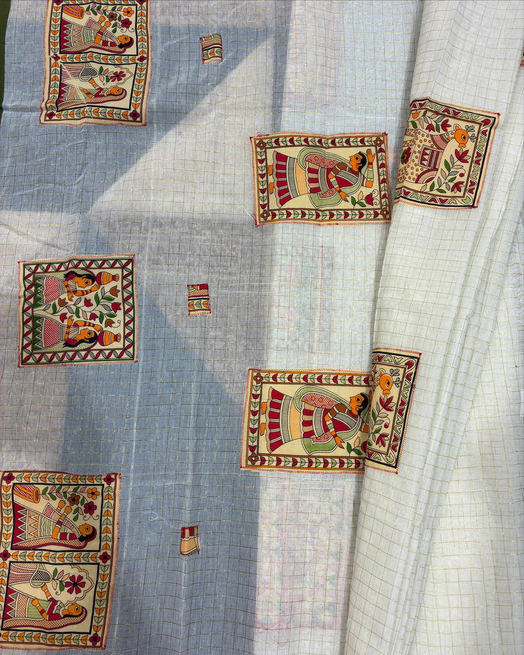 White Handcrafted Madhubani Cut Saree