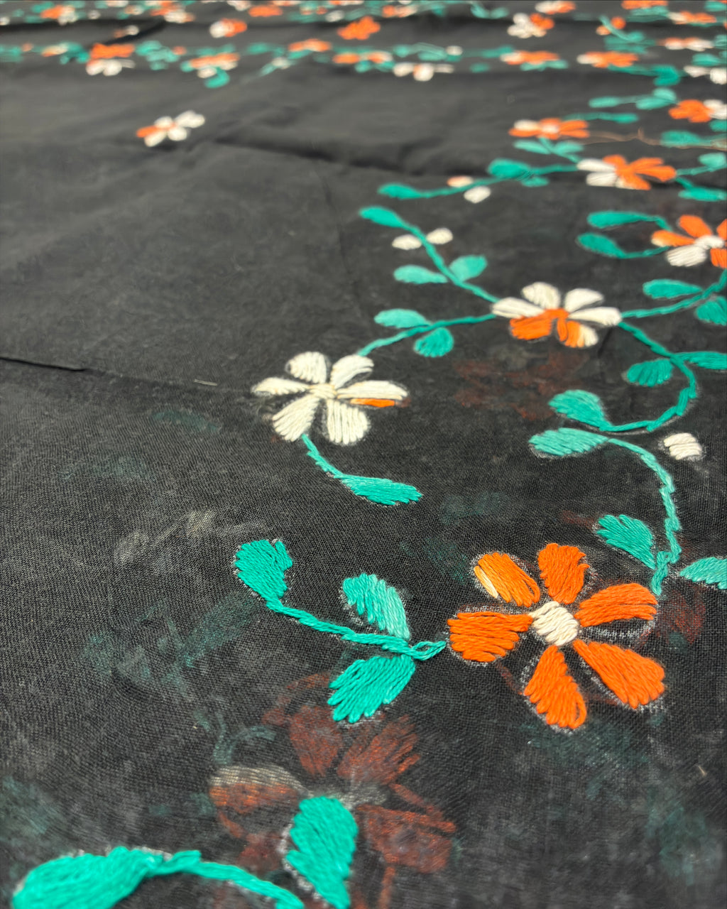Black Organdi Stitch Cotton Saree