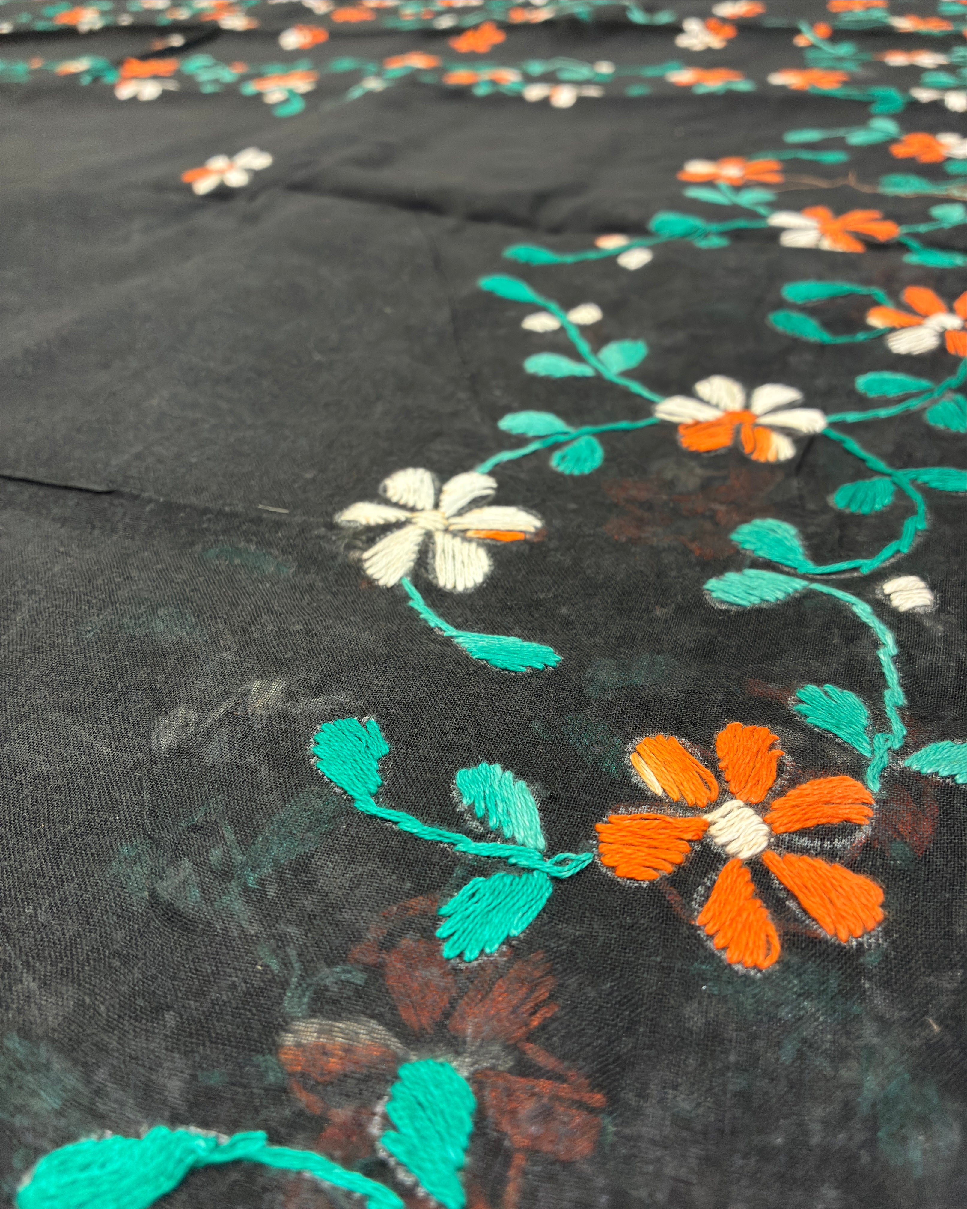 Black Organdi Stitch Cotton Saree