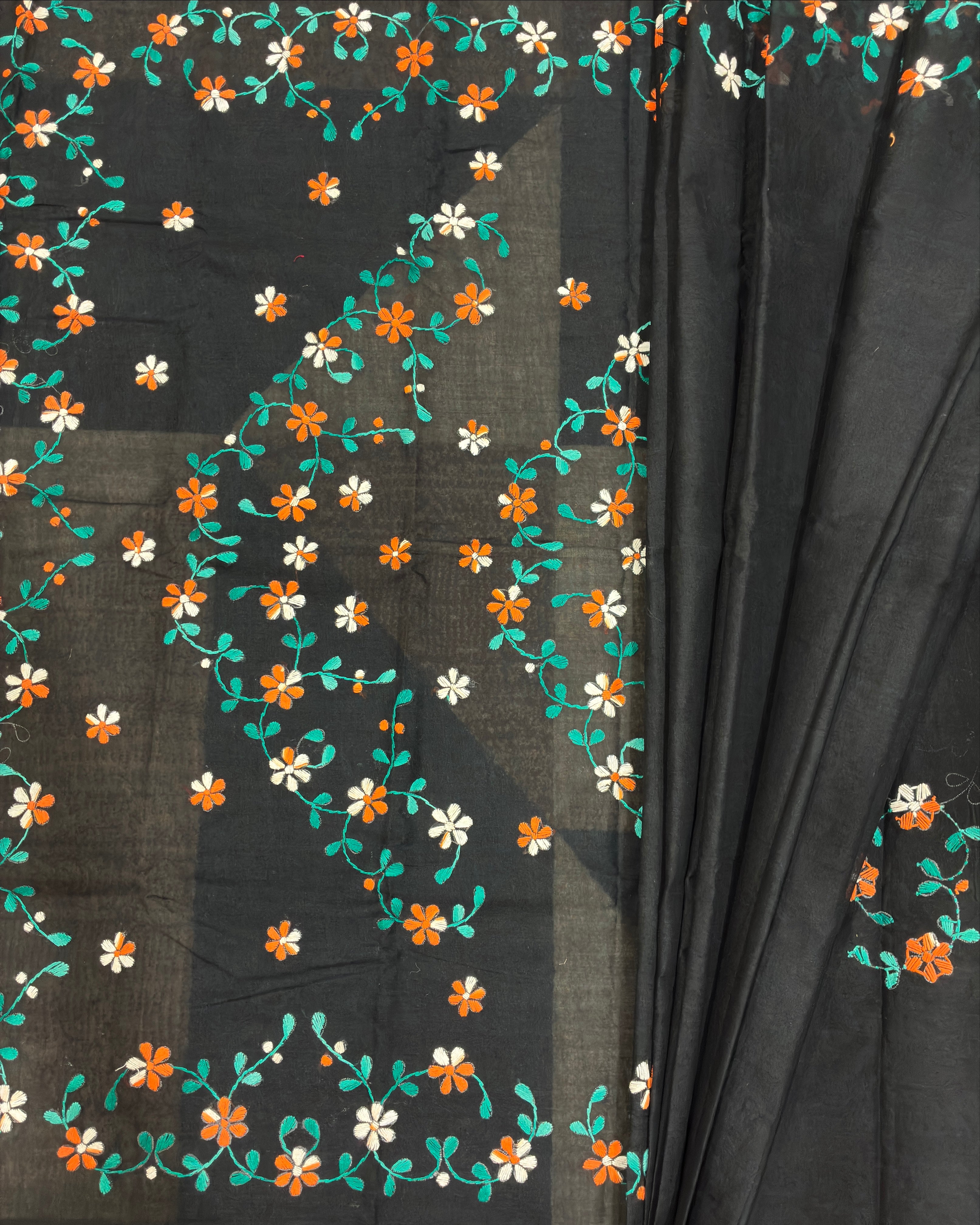 Black Organdi Stitch Cotton Saree