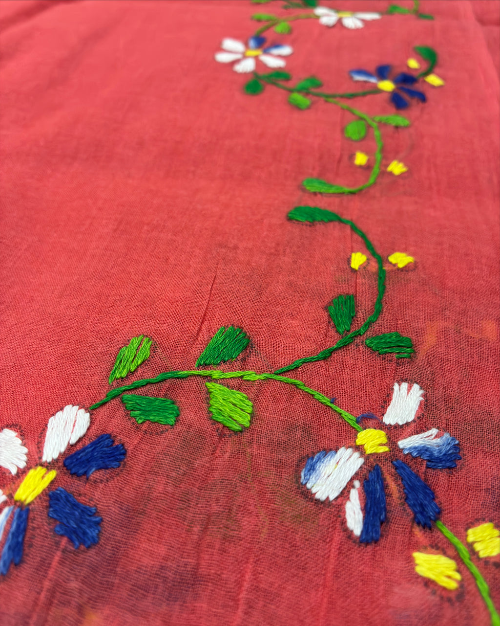 Terracotta Pink Organdi Stitch Pure Cotton Saree with Floral Border