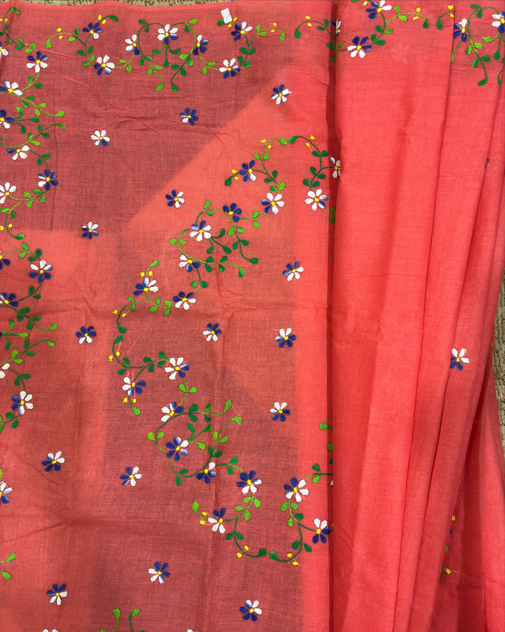 Terracotta Pink Organdi Stitch Pure Cotton Saree with Floral Border