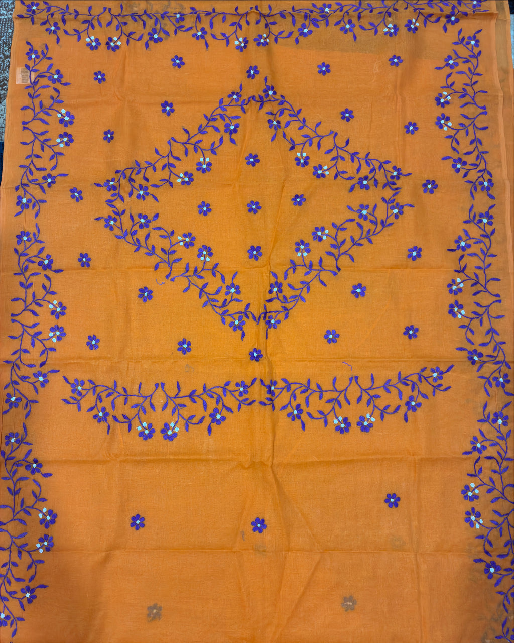 Orange Organdi Stitch Cotton Saree
