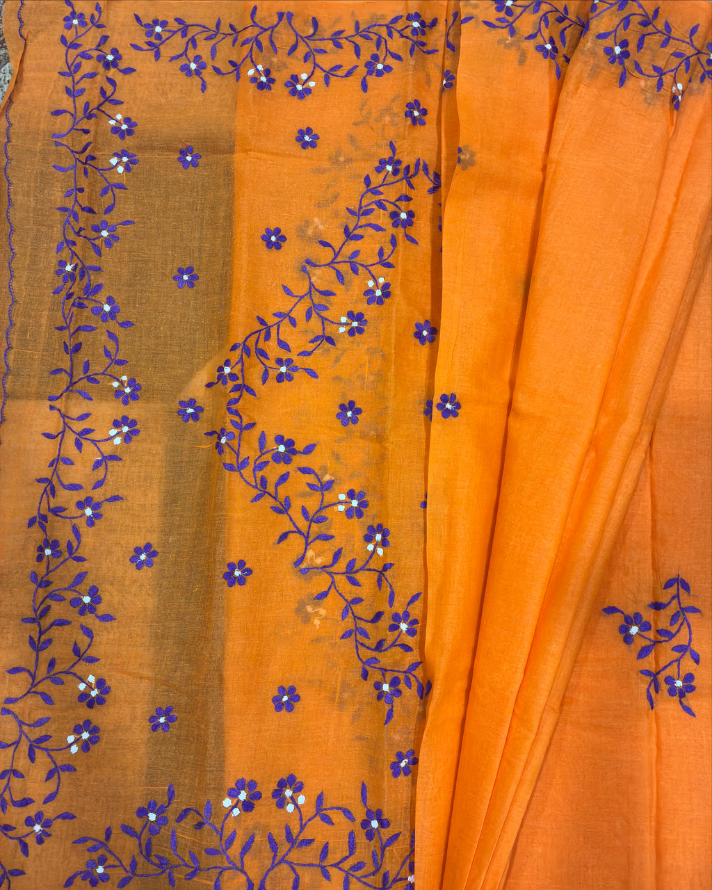 Orange Organdi Stitch Cotton Saree